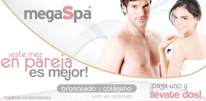 A promotional advertisement for Mega Spa featuring a smiling man and woman with minimal clothing, promoting couples' spa sessions.