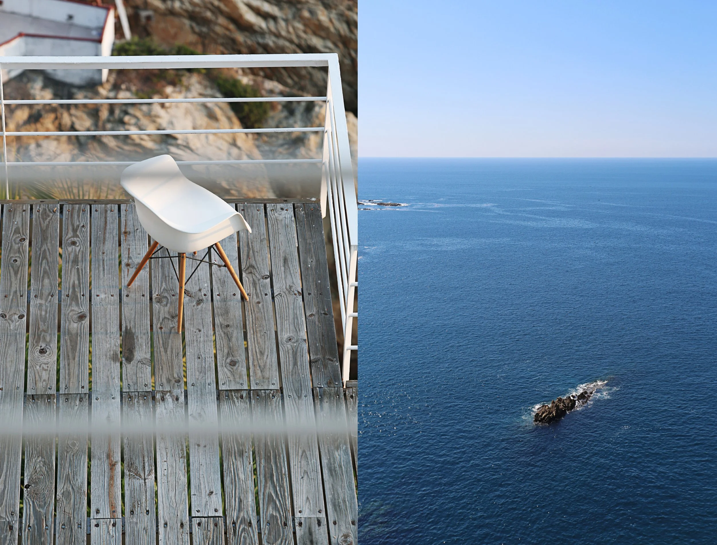 Split image showing a white chair on a wooden deck overlooking rocky cliffs and the ocean on a clear day.