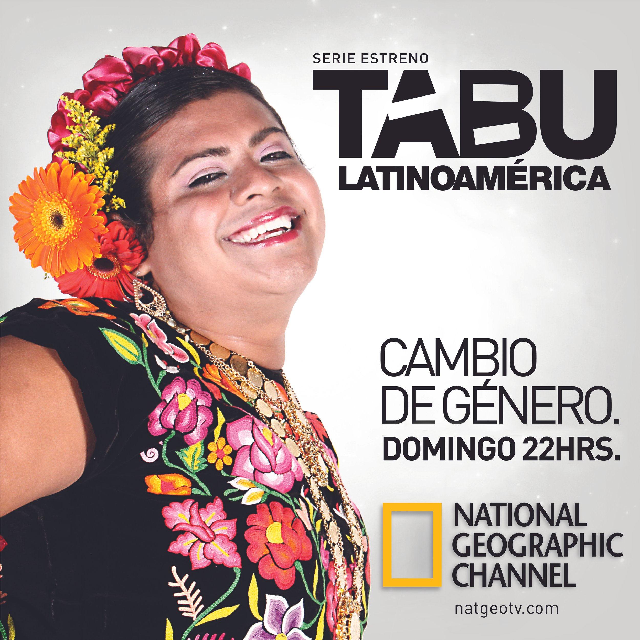 Close-up of a person wearing traditional Mexican embroidered clothing and a floral wreath on their head, with promotional text for a documentary series and the National Geographic logo.