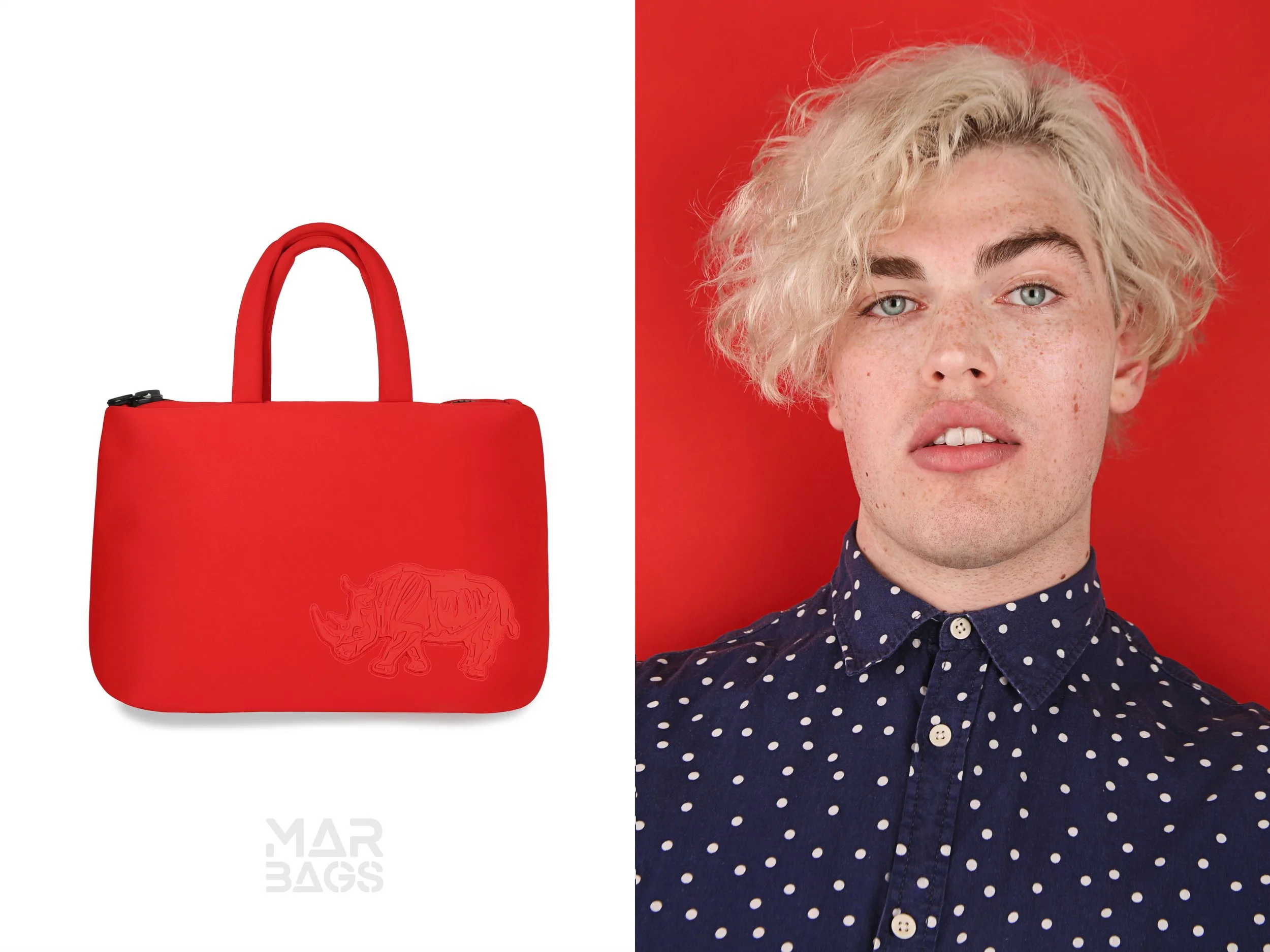 A red tote bag with a drawstring closure and a lion silhouette outline on the front, placed against a white background on the left, and a close-up portrait of a young woman with light blonde, curly hair, blue eyes, and freckles, wearing a navy blue p