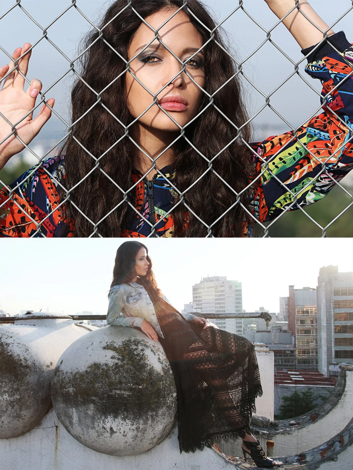 Woman with long dark hair poses behind a chain-link fence in outdoor setting, wearing a colorful patterned jacket. In the second image, the same woman sits on rooftop with city skyline in background, wearing a denim jacket and lace black dress, looki