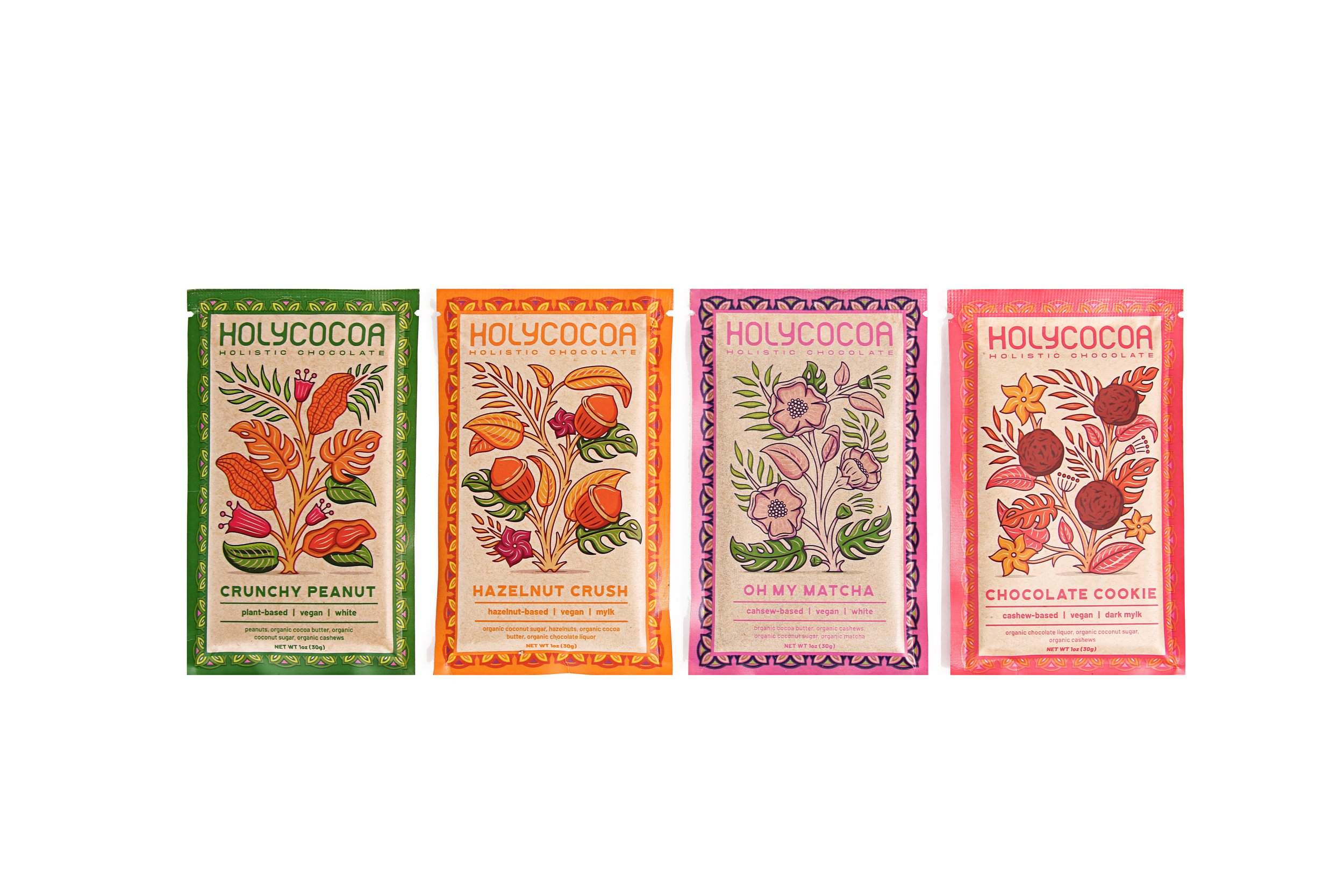 Four colorful Hollycon chocolate snack packages arranged side by side, each with decorative floral and botanical illustrations, and labels indicating different flavors: Crunchy Peanut, Hazelnut Crush, Oh My Matcha, and Chocolate Cookie.
