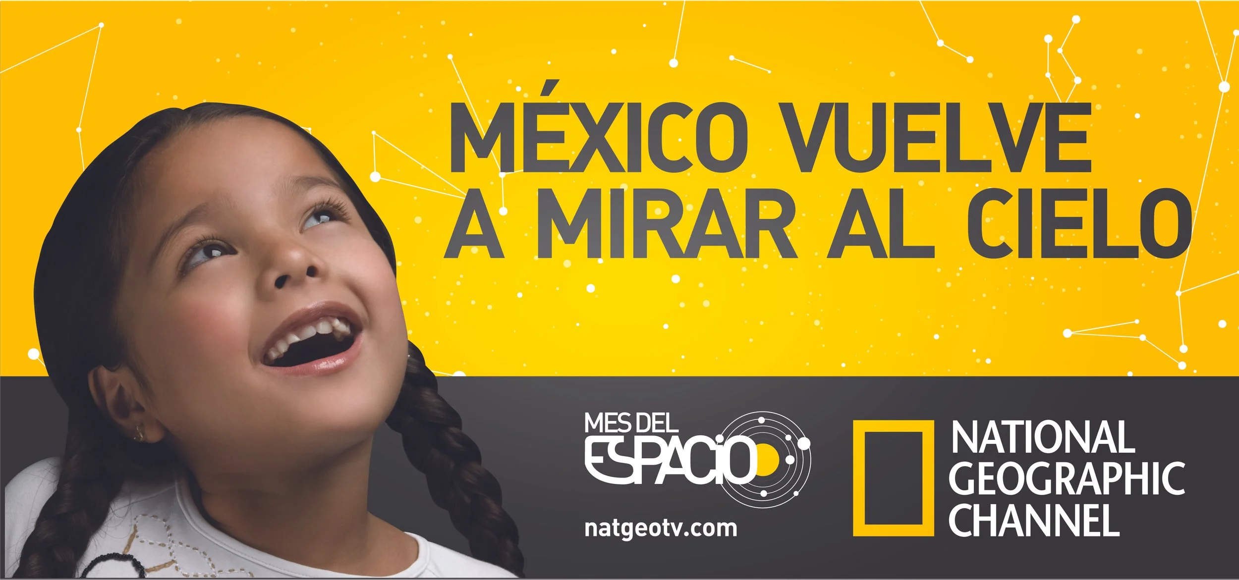 A young girl with braided hair looking up and smiling against a yellow sky background with starry constellations, promoting Mexico's Space Month on National Geographic Channel.