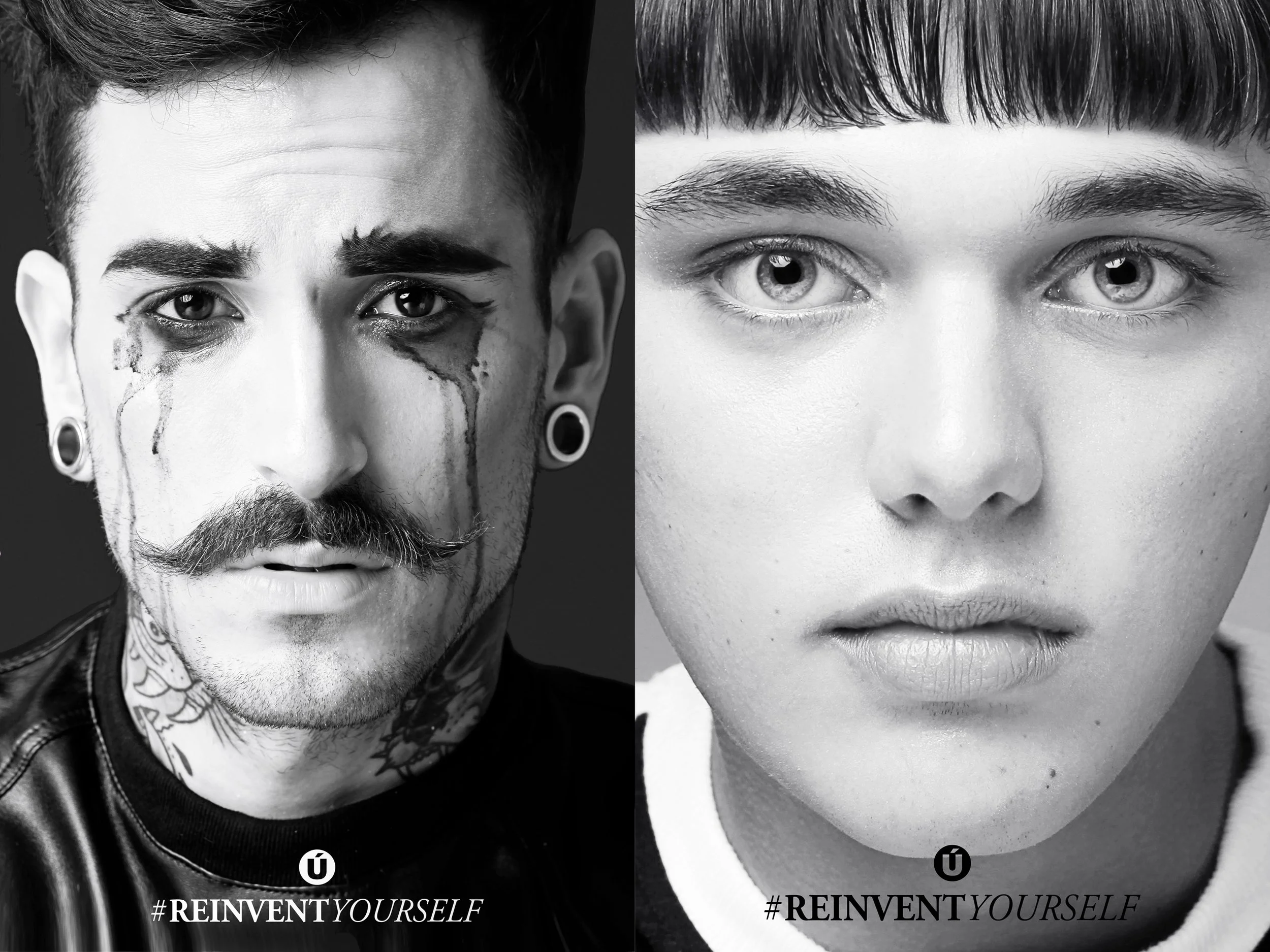Black and white split image of two individuals. The person on the left has tattoos, a mustache, beard, earrings, and messy hair. The person on the right has short hair, clear skin, and involuntary eye movements. Both are looking directly at the camer