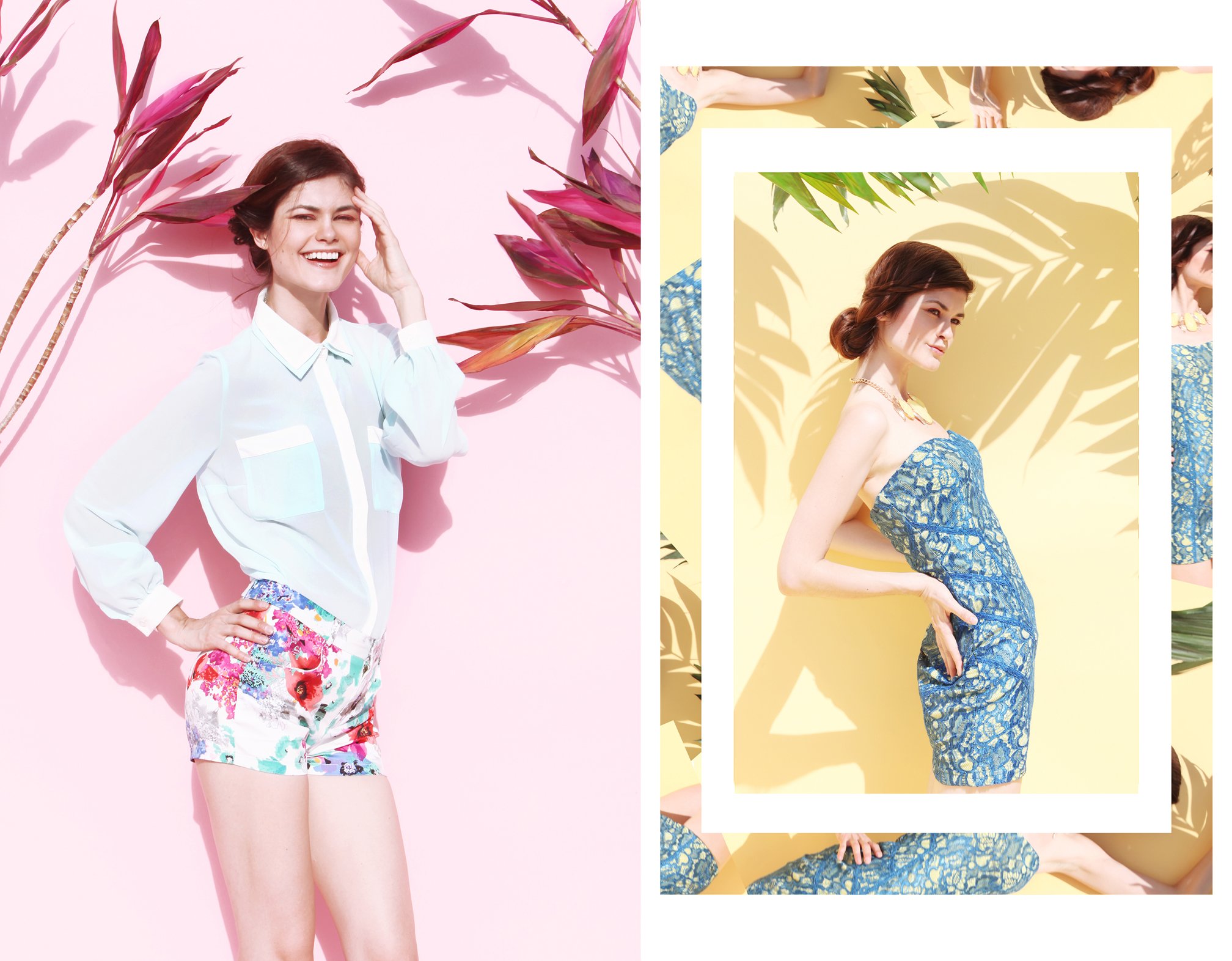 A woman is lying on a pink background with white and pink leaves. She is wearing a white shirt and colorful floral shorts, smiling and touching her forehead.