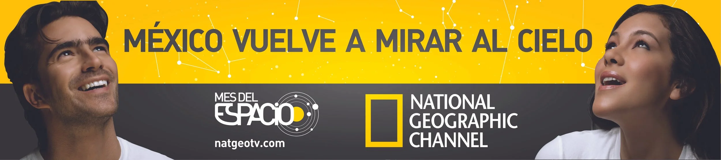 Banner with images of a man and a woman looking up, with a yellow and black background and logos for National Geographic and themed content about space and Mexico.
