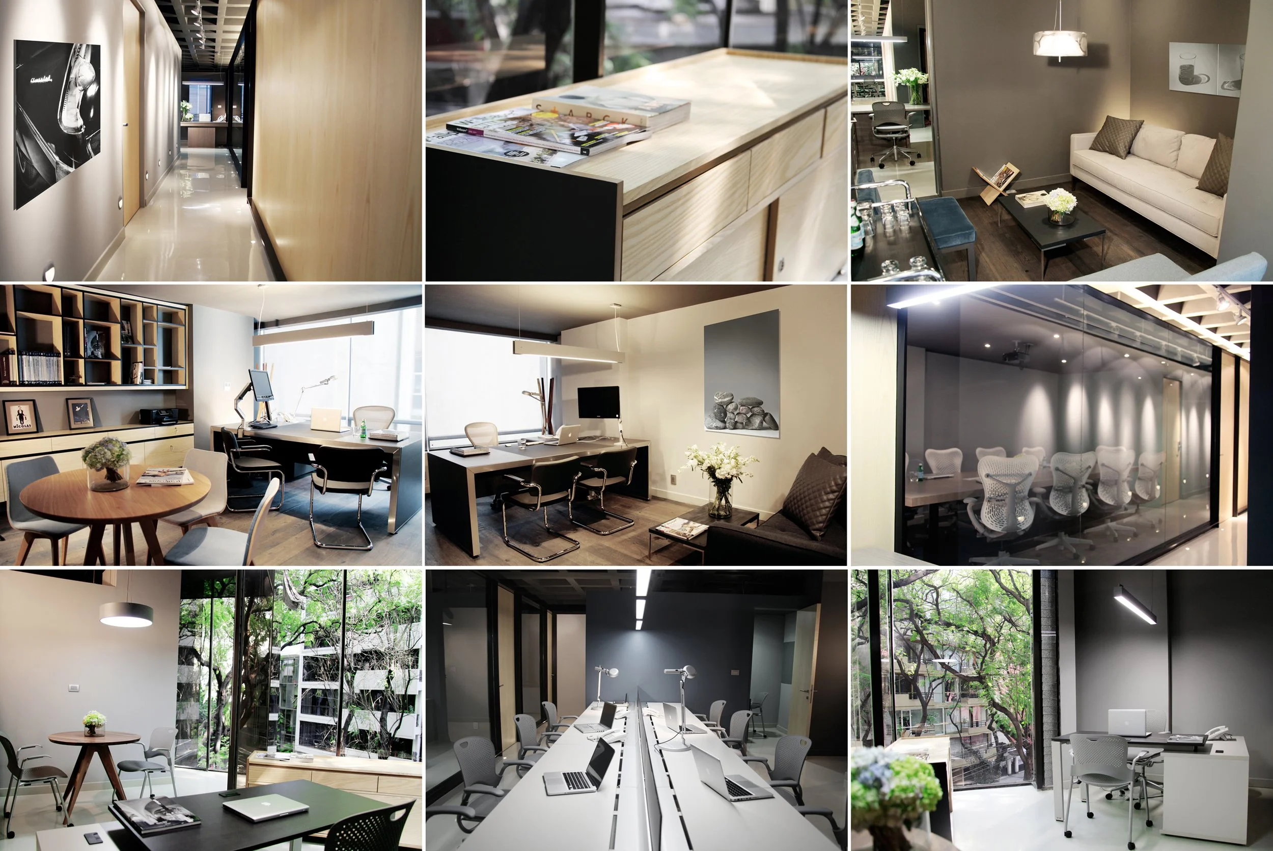 Collage of modern office spaces with conference rooms, individual workstations, lounge areas, and meeting tables, featuring large windows, contemporary furniture, and natural lighting.