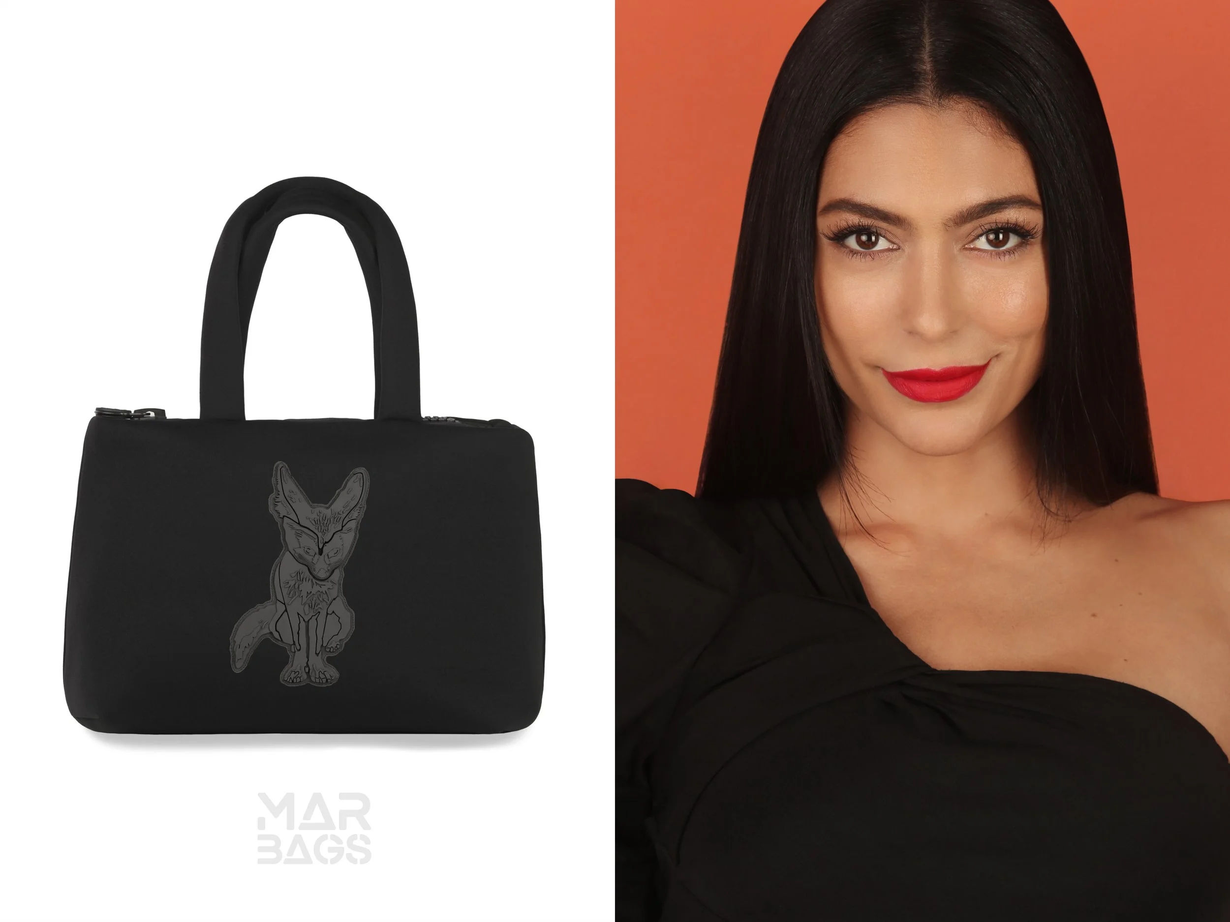 A black tote bag with a gray embroidered fox design on the front, positioned on the left side of the image. To the right, a woman with straight black hair, wearing bright red lipstick and a black outfit, is smiling against an orange background.