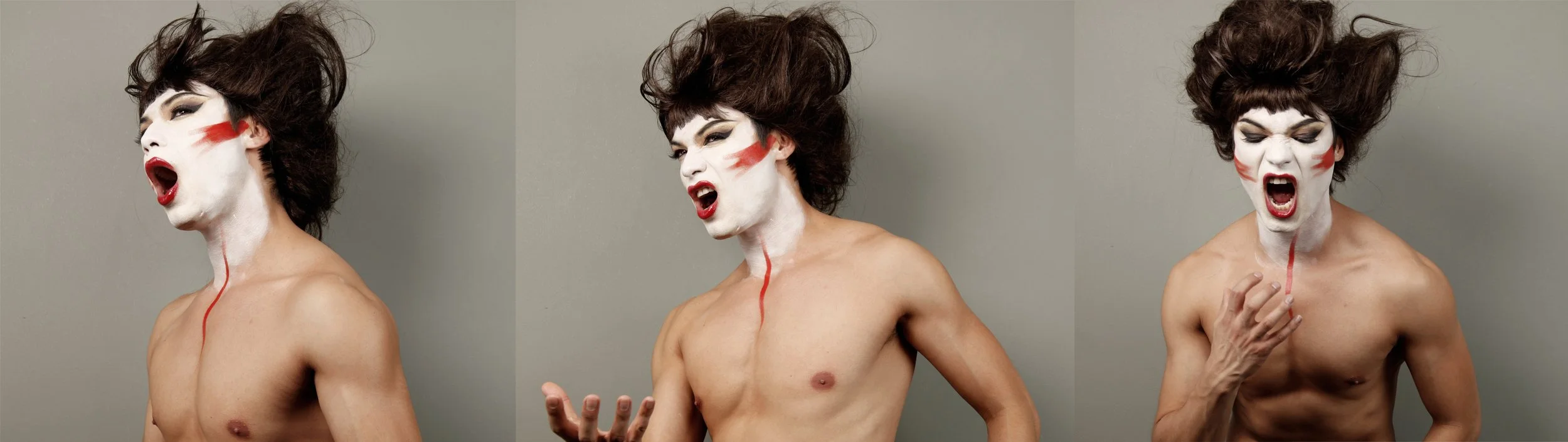 A woman with dramatic makeup and wild hair is shown in three steps of an expression of anger or frustration, with painted red streaks on her face and neck, and no clothing visible from the waist up.