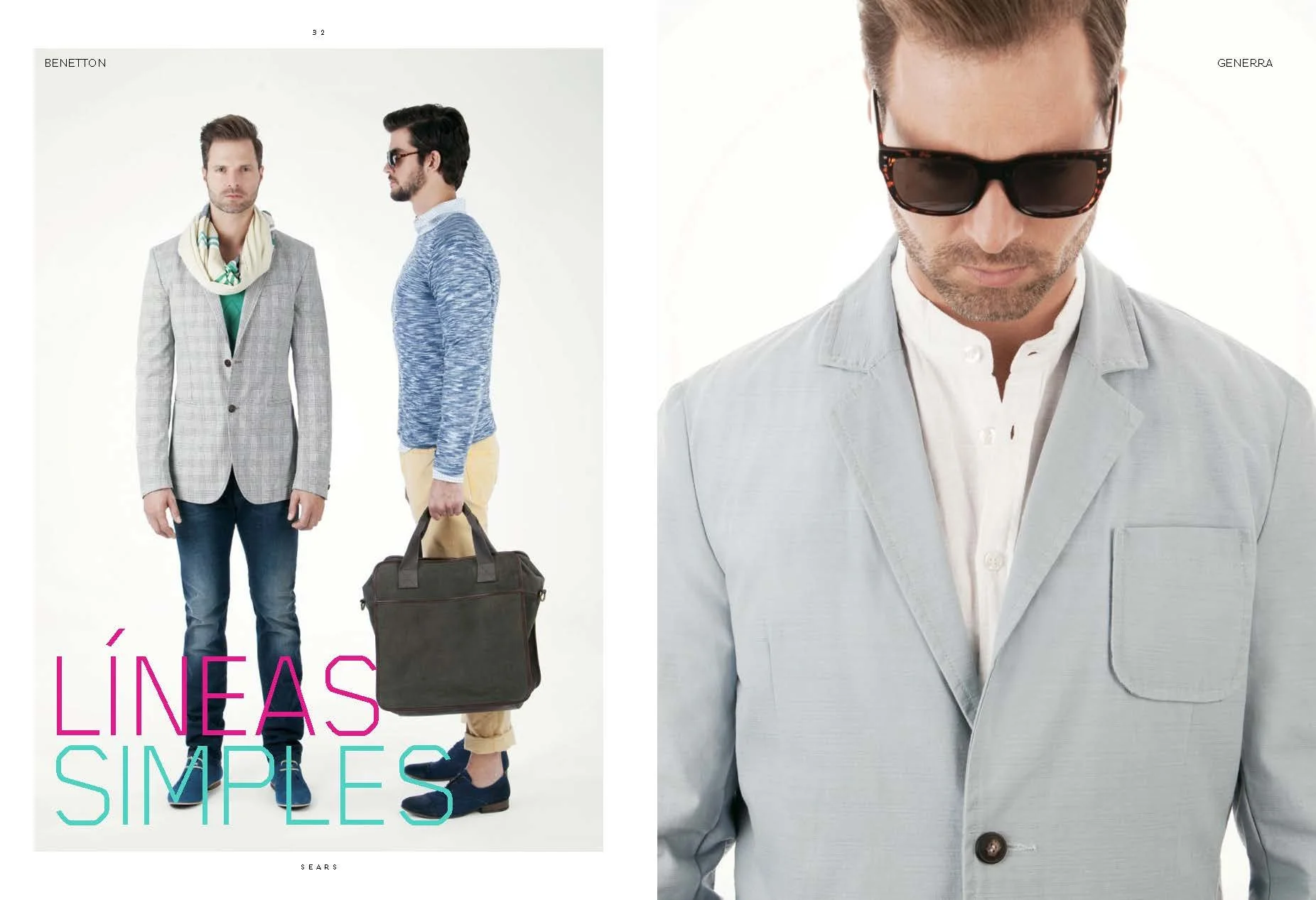 Fashion magazine page featuring two men dressed in stylish suits and casual wear, with sunglasses and accessories, promoting simple styles from Benetton and Gerenna.