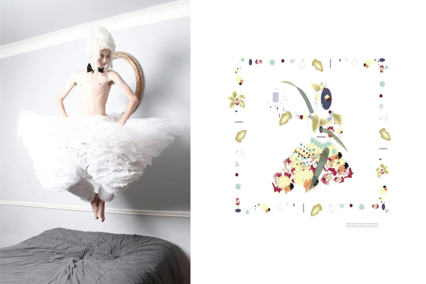 A person dressed as a ballerina with a fluffy white tutu, white wig, and black bow tie, appearing to float above a bed, with a mirror on the wall behind them and a colorful, abstract artwork to the right.