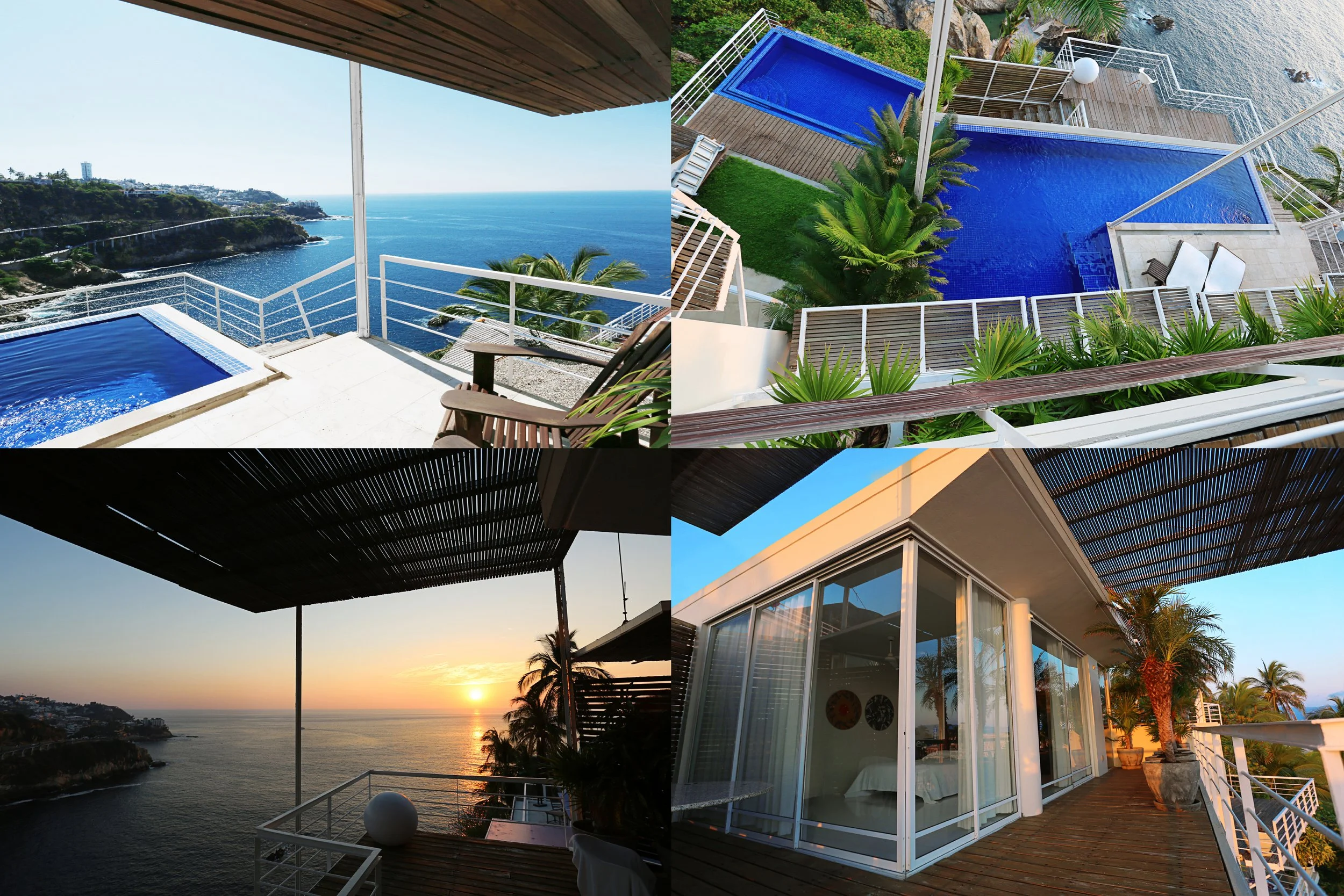 Views from a balcony overlooking the ocean, with a swimming pool, tropical plants, and a sunset.