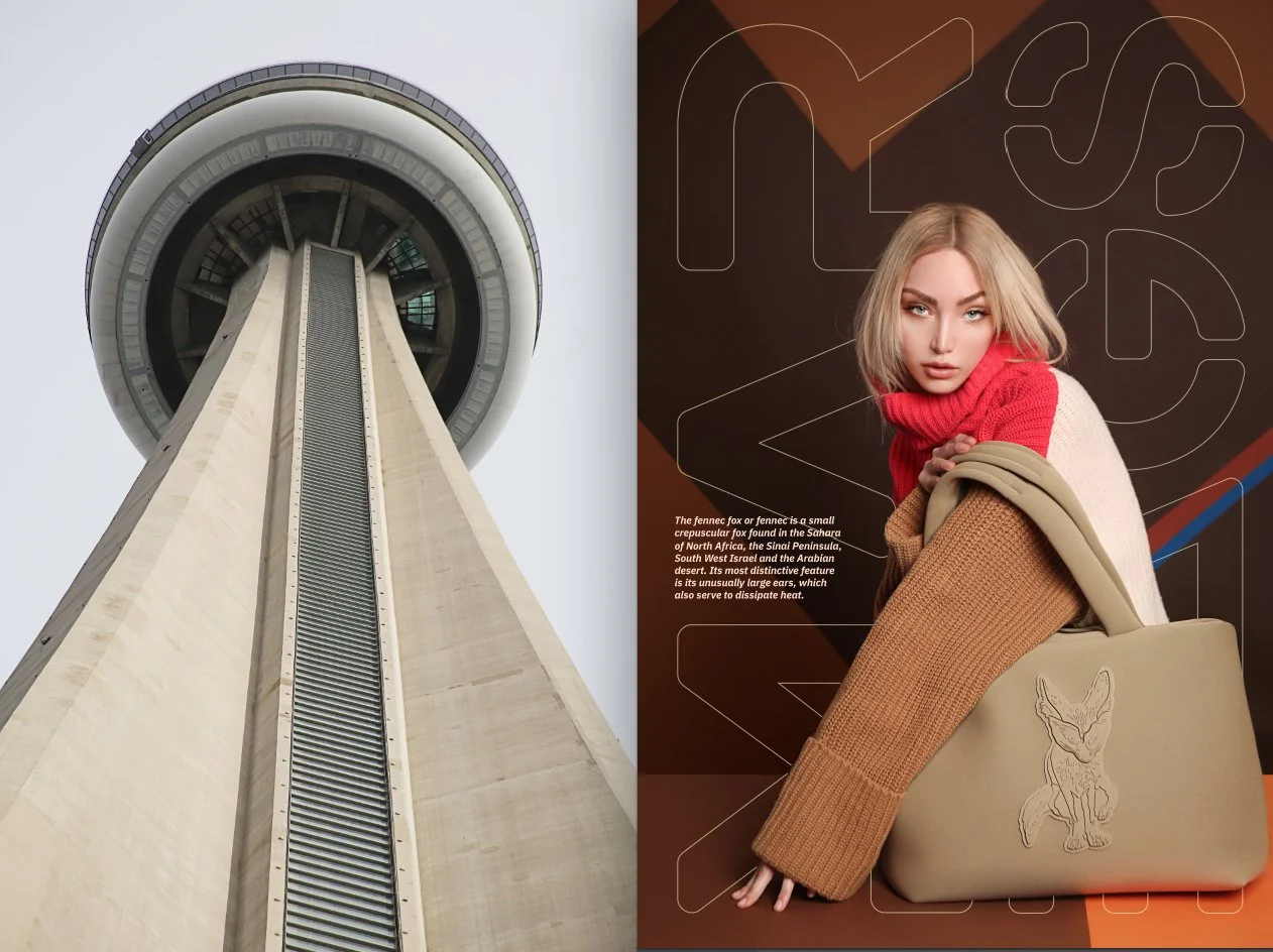 A split-screen image showing the Space Needle in Seattle on the left and a woman holding a tan tote bag on the right, with a dark background and abstract line designs.