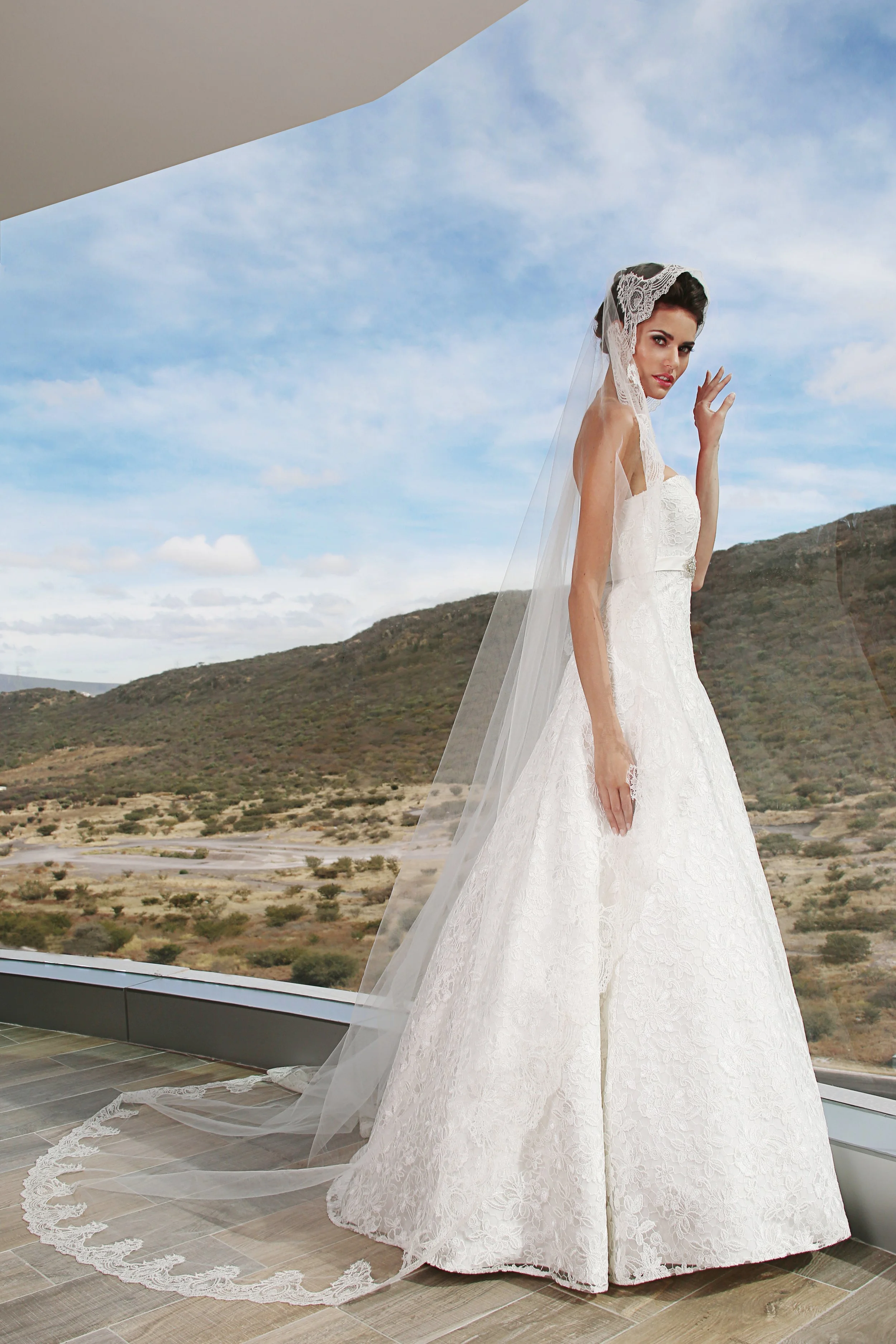 A woman in a white wedding dress and lace veil standing on a balcony overlooking a desert landscape with mountains and a blue sky with scattered clouds.