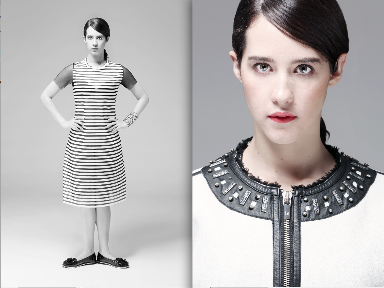 Side-by-side images of a woman with dark hair and fair skin. The left image is in black and white, showing her standing with hands on hips, wearing a striped dress with short sleeves, a bracelet, and black shoes. The right image is in color, showing 
