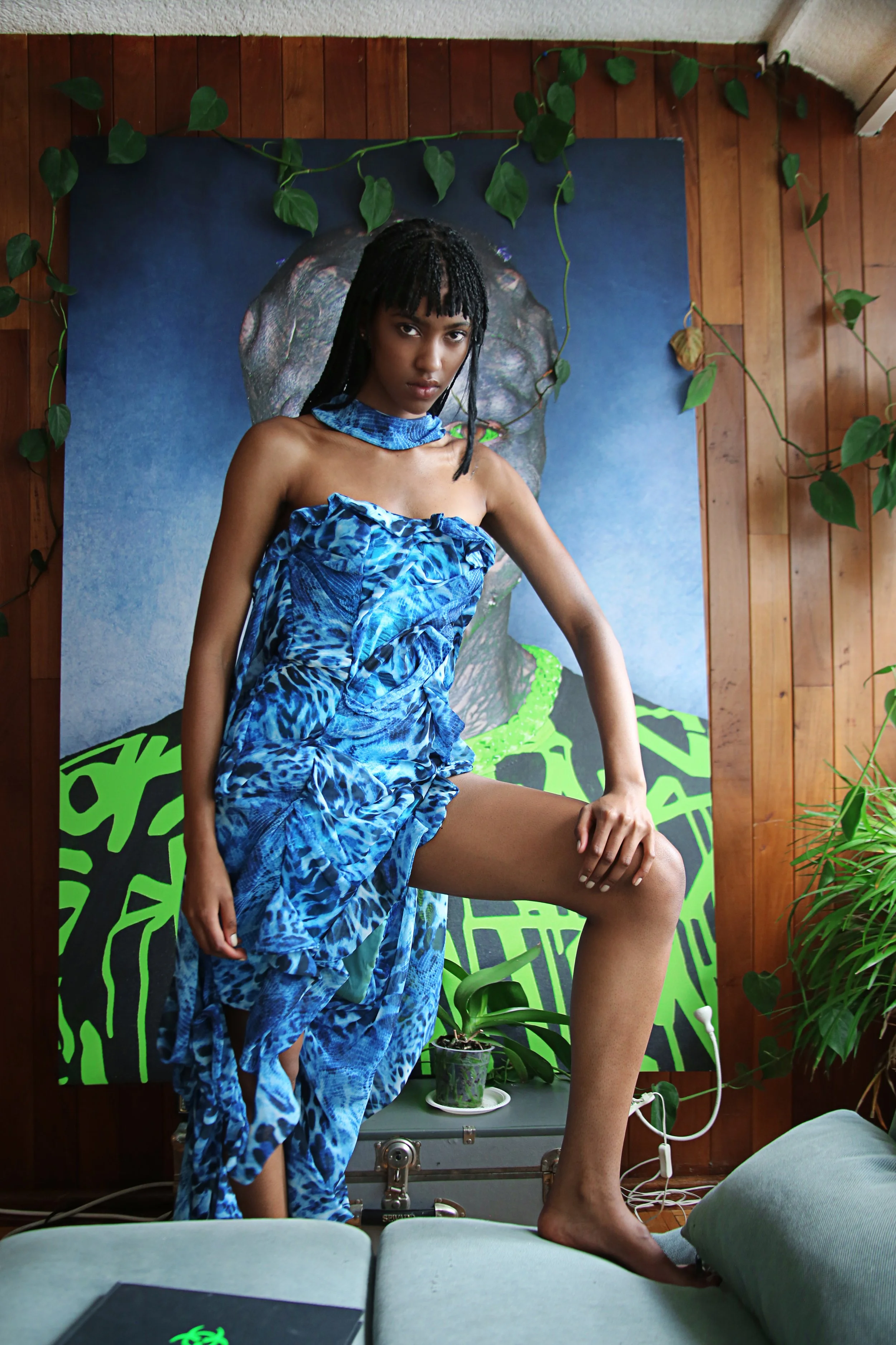 Young woman with braided hair posing in front of a colorful background with green leaves and a blue backdrop, wearing a blue patterned off-shoulder dress, standing with one leg on a small table.