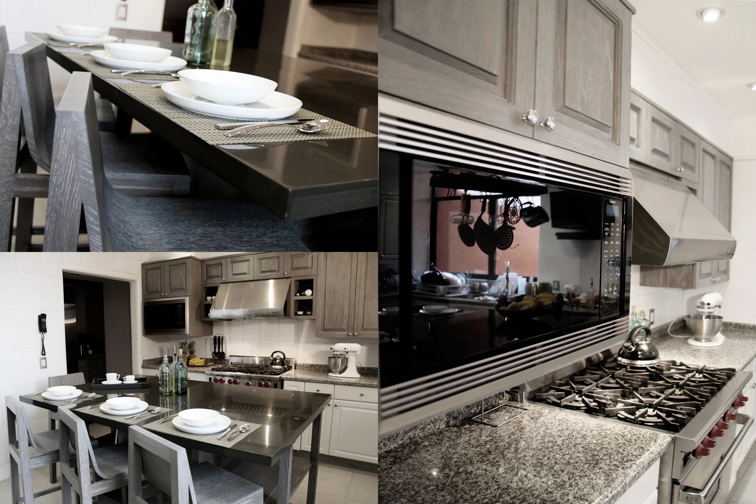 A collage of four photos showing a modern kitchen and dining area with wooden cabinets, a stove, a microwave, a granite countertop, a dining table set with plates and glasses, and various kitchen appliances and utensils.