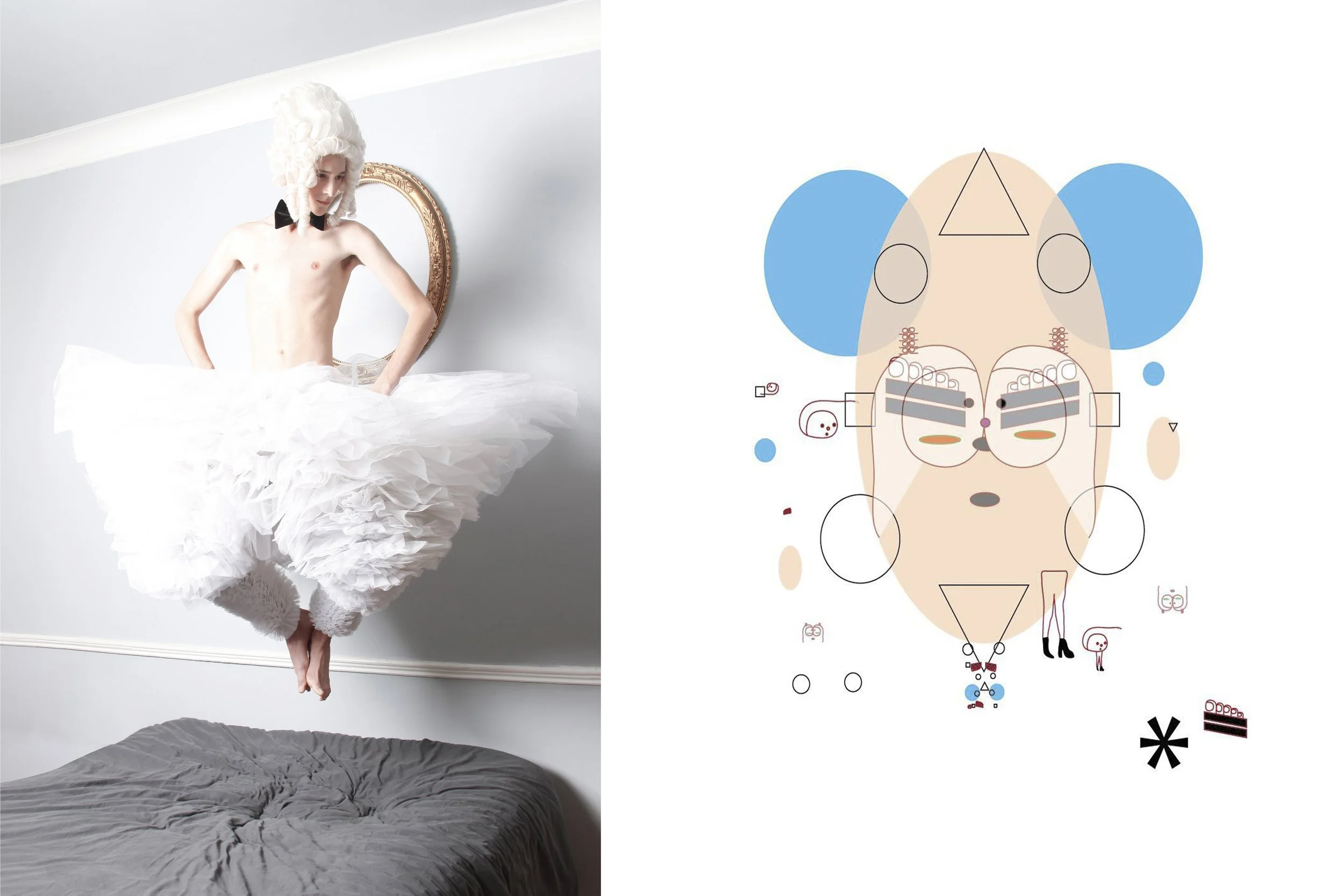 A person dressed as a historical figure with a white powdered wig and a black bow tie, standing on a bed with a white ruffled dress. The person is posed as if floating or suspended in mid-air against a plain white wall.