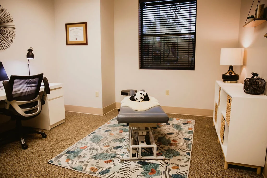 An examination room with a treatment table, a stuffed panda bear, a computer desk, a framed certificate on the wall, a window with blinds, a white cabinet with a lamp, a black decorative basket, and a patterned rug.