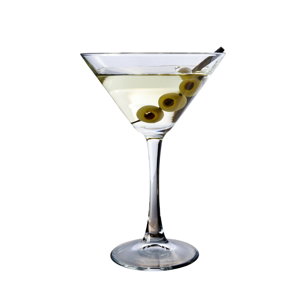 A martini glass filled with a clear cocktail, garnished with three green olives on a cocktail pick.