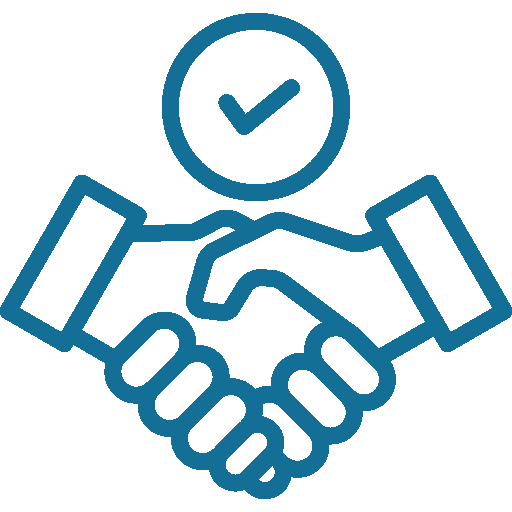 Icon of a handshake with a checkmark above it, symbolizing agreement or partnership.