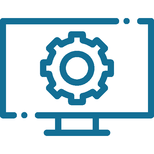 computer monitor with gear icon representing settings or technology