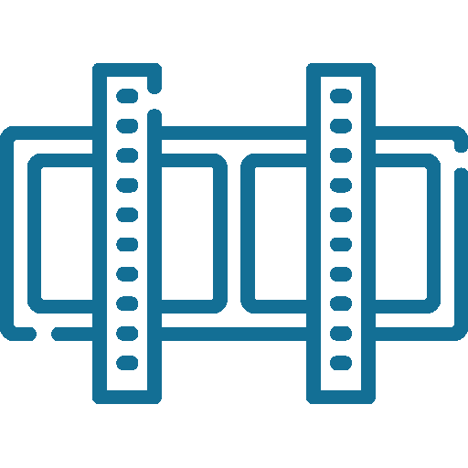 Icon of a film strip with perforations on the sides in blue color.