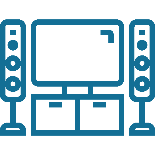 Icon of a home entertainment system with TV and speakers