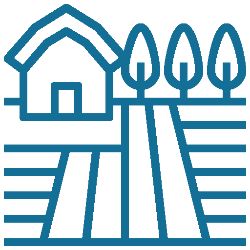 Outline of a farmhouse and field with trees