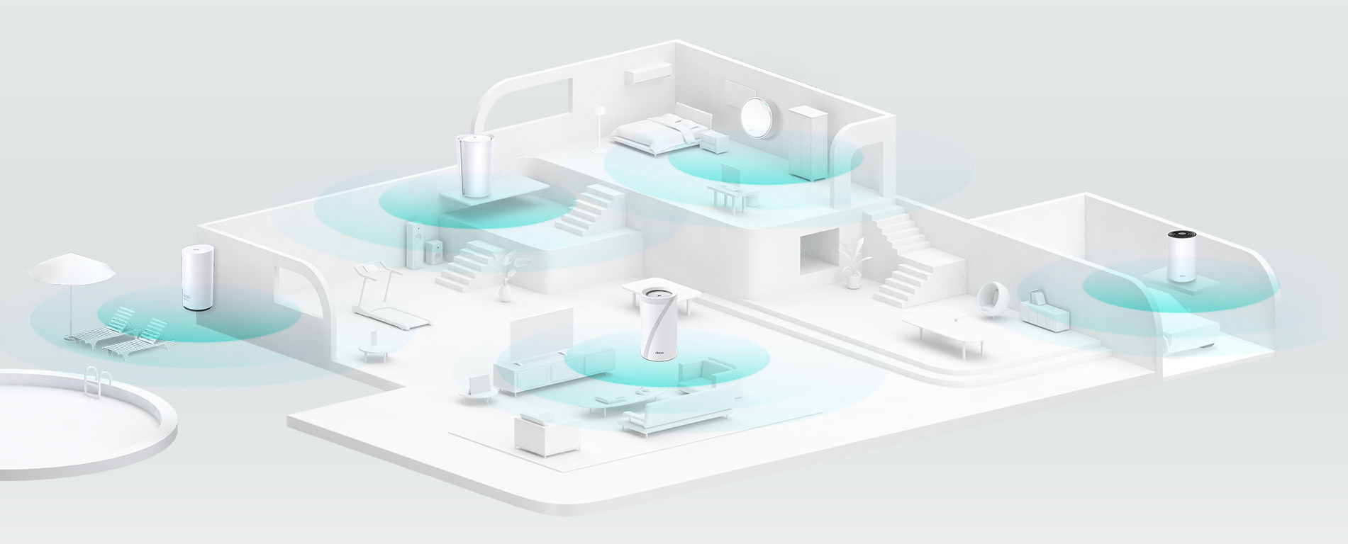Smart home floor plan with multiple rooms, showing air purifiers and dehumidifiers emitting blue circles indicating air quality control.