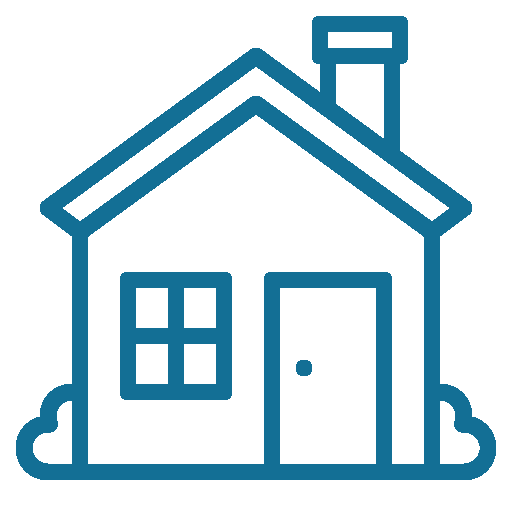 Simple house icon with chimney and windows.