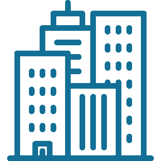 Blue icon of a city skyline with skyscrapers