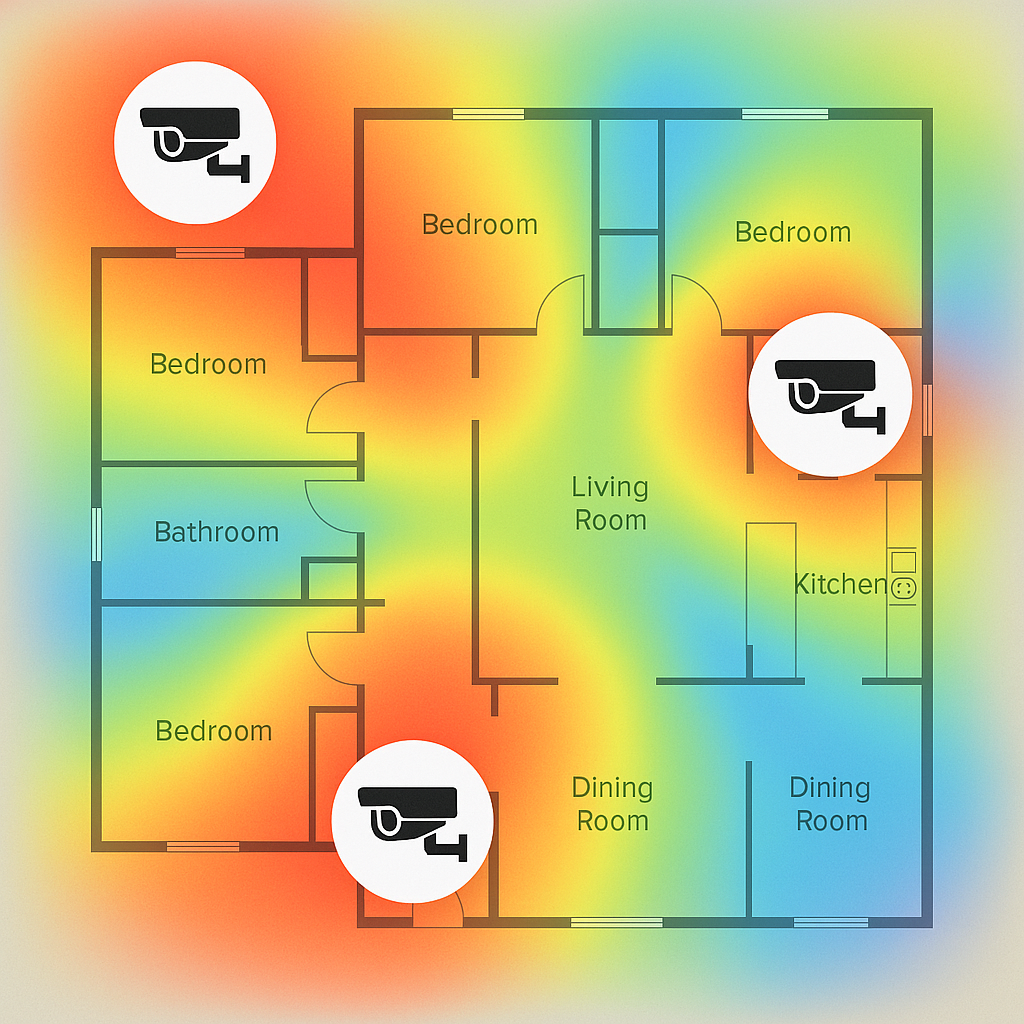 Floor plan of a house with a heatmap overlay indicating security camera coverage in three locations. The house includes bedrooms, a bathroom, a living room, a kitchen, and dining rooms.