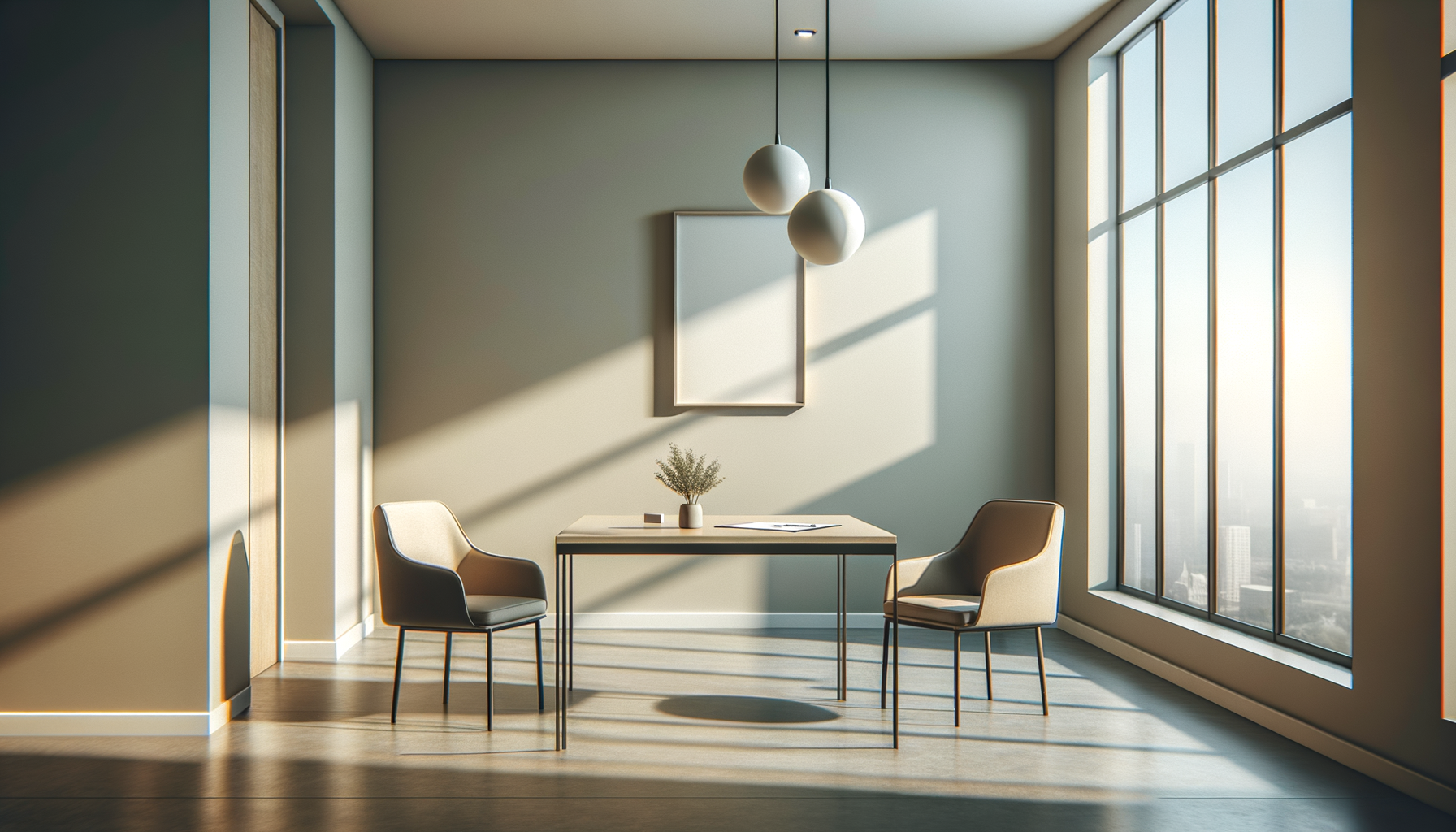 A modern office or meeting room with two beige armchairs, a small white table with a potted plant and a notebook, large windows on the right letting in sunlight, and a blank picture frame on the back wall.