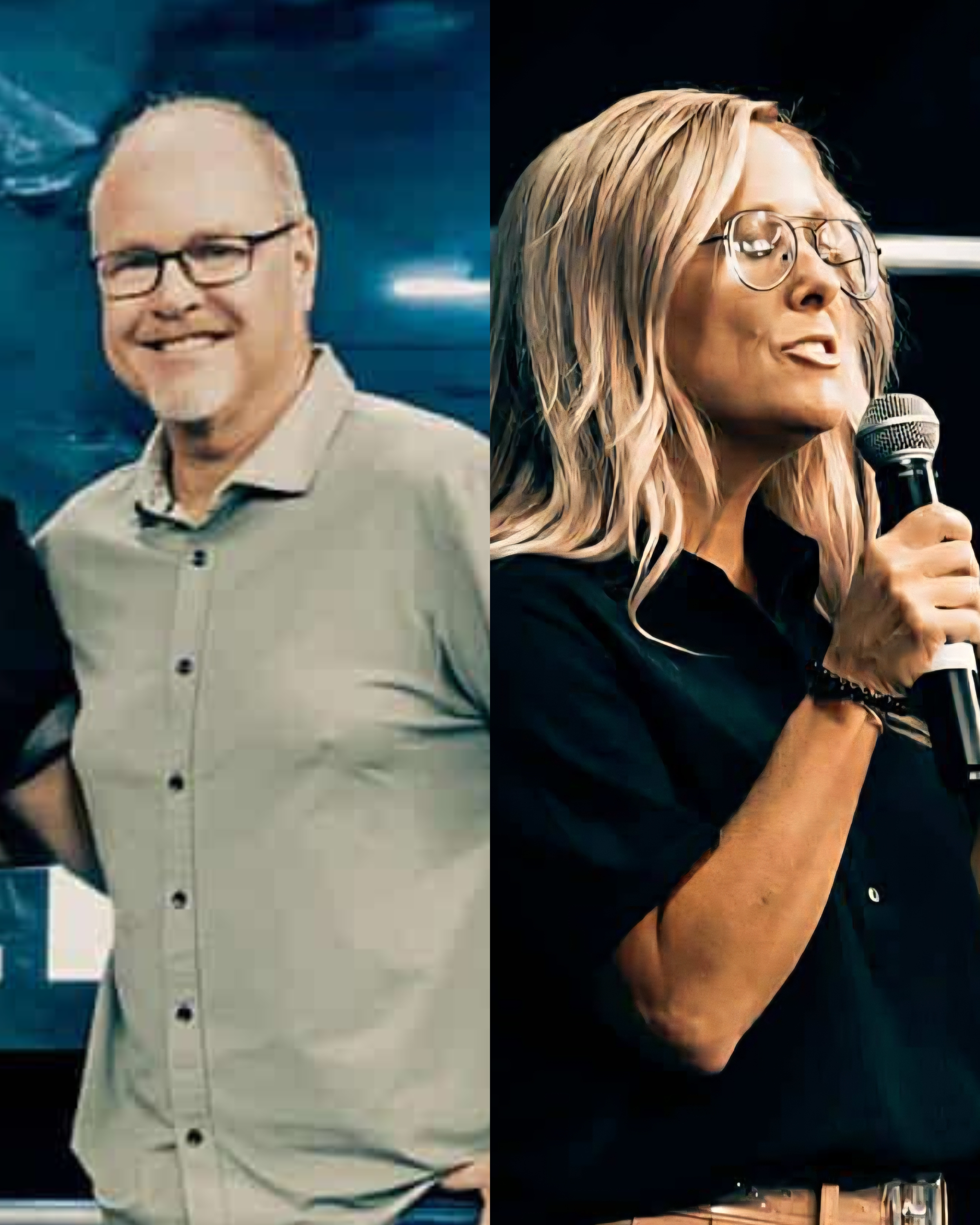Split image of two people, a man on the left smiling and wearing glasses, a woman on the right holding a microphone and speaking, also wearing glasses.