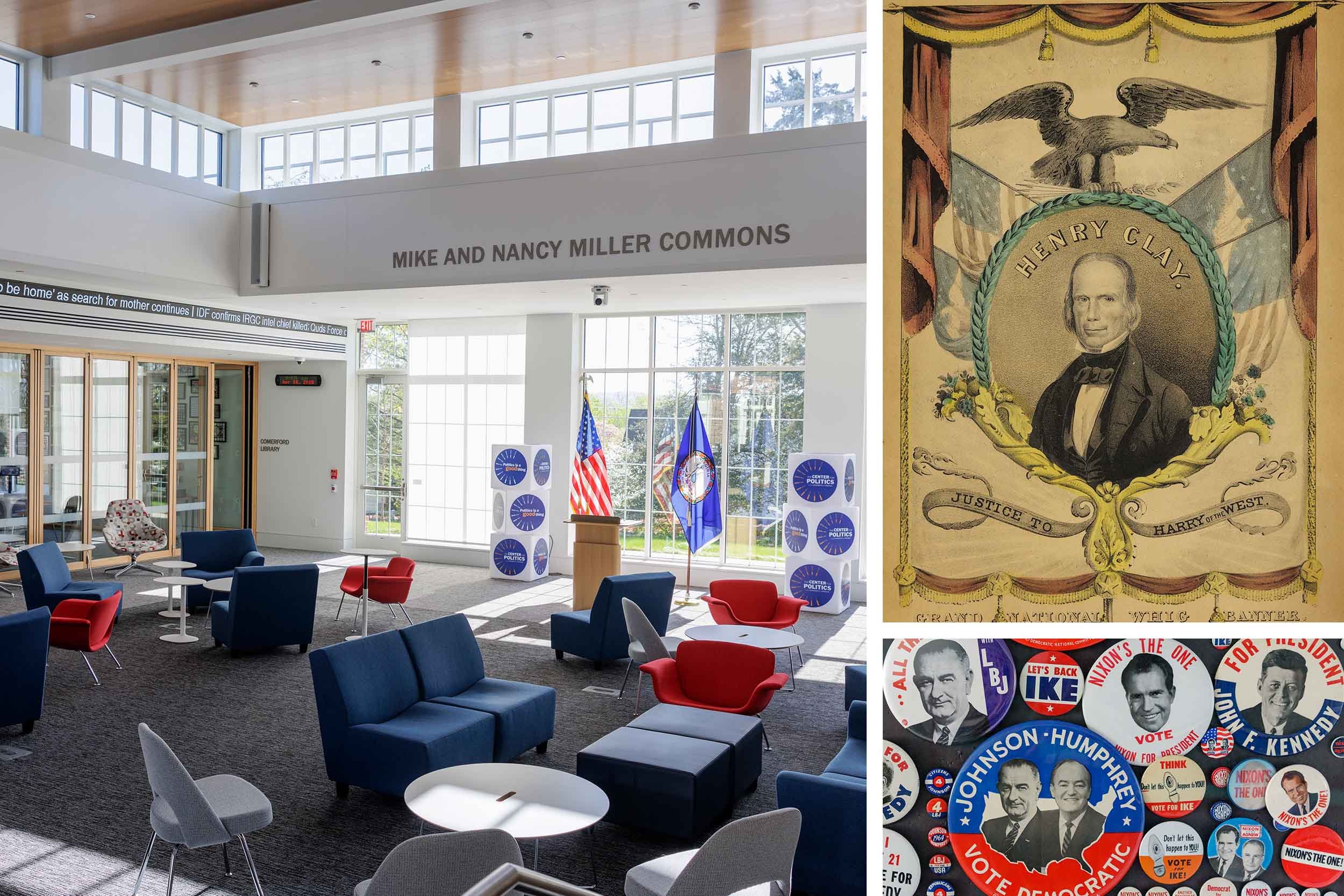Modern library interior with large windows, colorful chairs, and flags, sign reading 'Mike and Nancy Miller Commons'; vintage banner with George Washington's portrait and name, and political campaign buttons featuring portraits of political candidates.