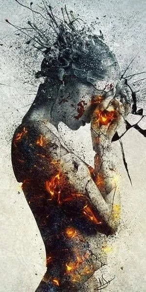A digital artwork of a woman holding a heart, with a broken glass effect and fiery elements.