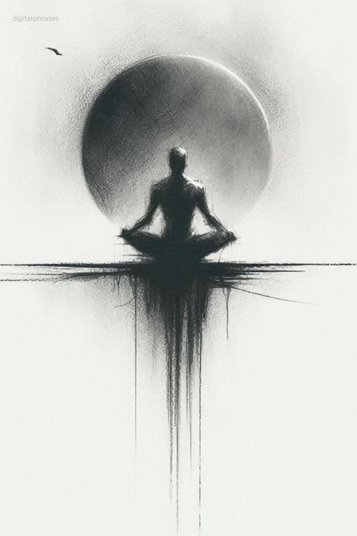 A black and white sketch of a person meditating in a lotus position with a large sphere behind them, and a bird flying in the sky.