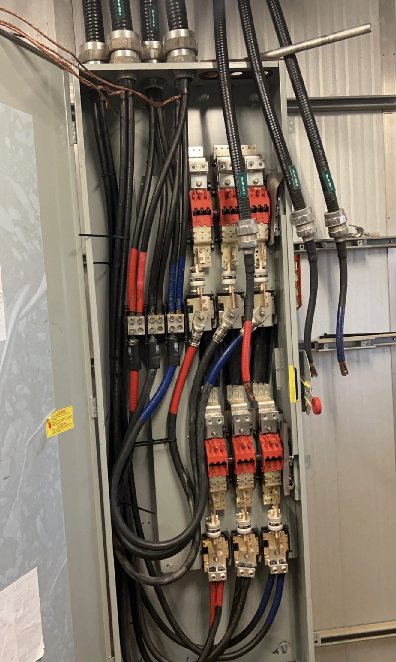 Electrical panel with black, red, blue, and copper wires connected to various circuit breakers and components.