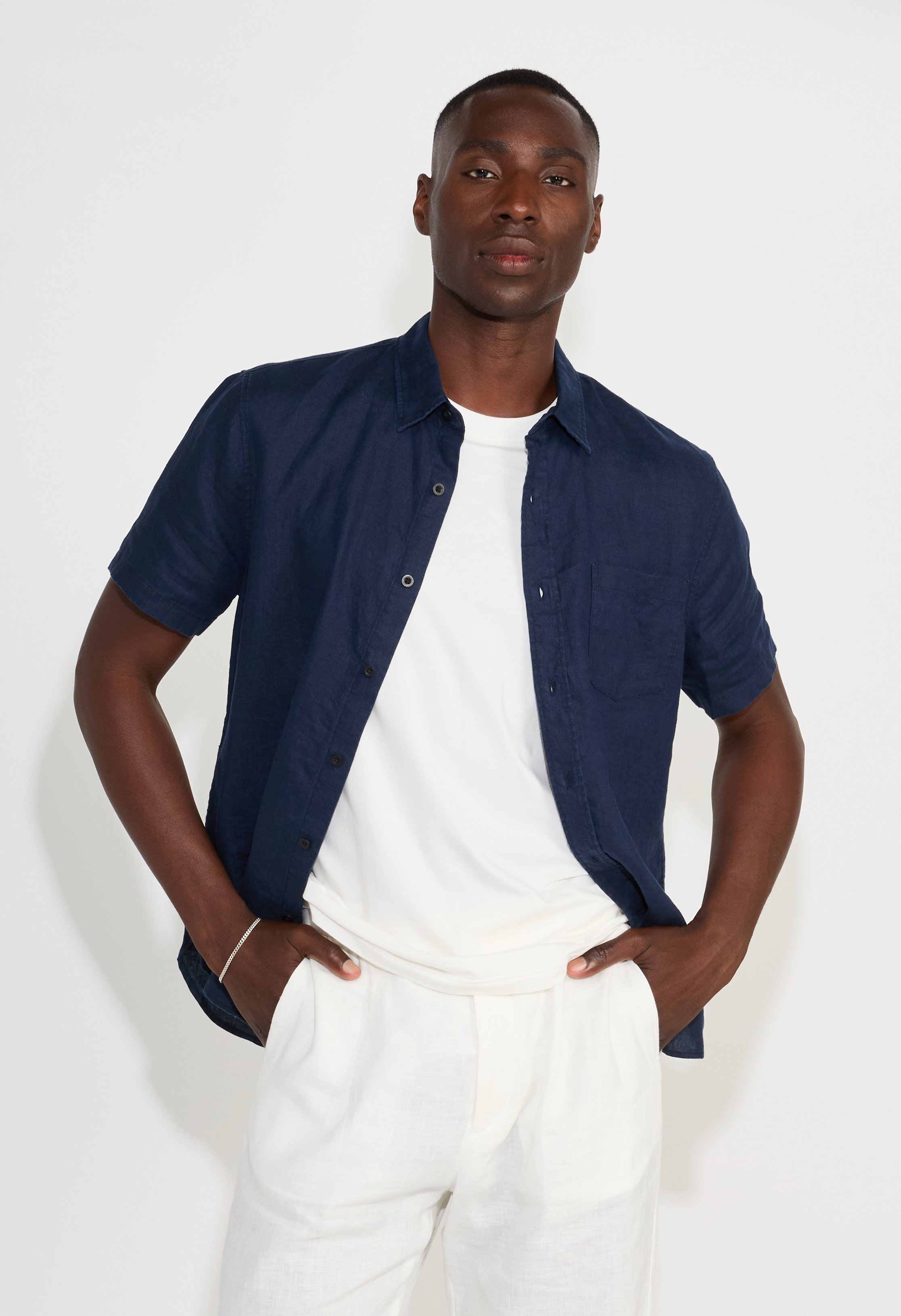 A young man with dark skin and short hair standing against a plain white wall. He's wearing a navy blue short-sleeve button-up shirt over a white T-shirt and white pants. His hands are resting on his hips and he's looking directly at the camera with 