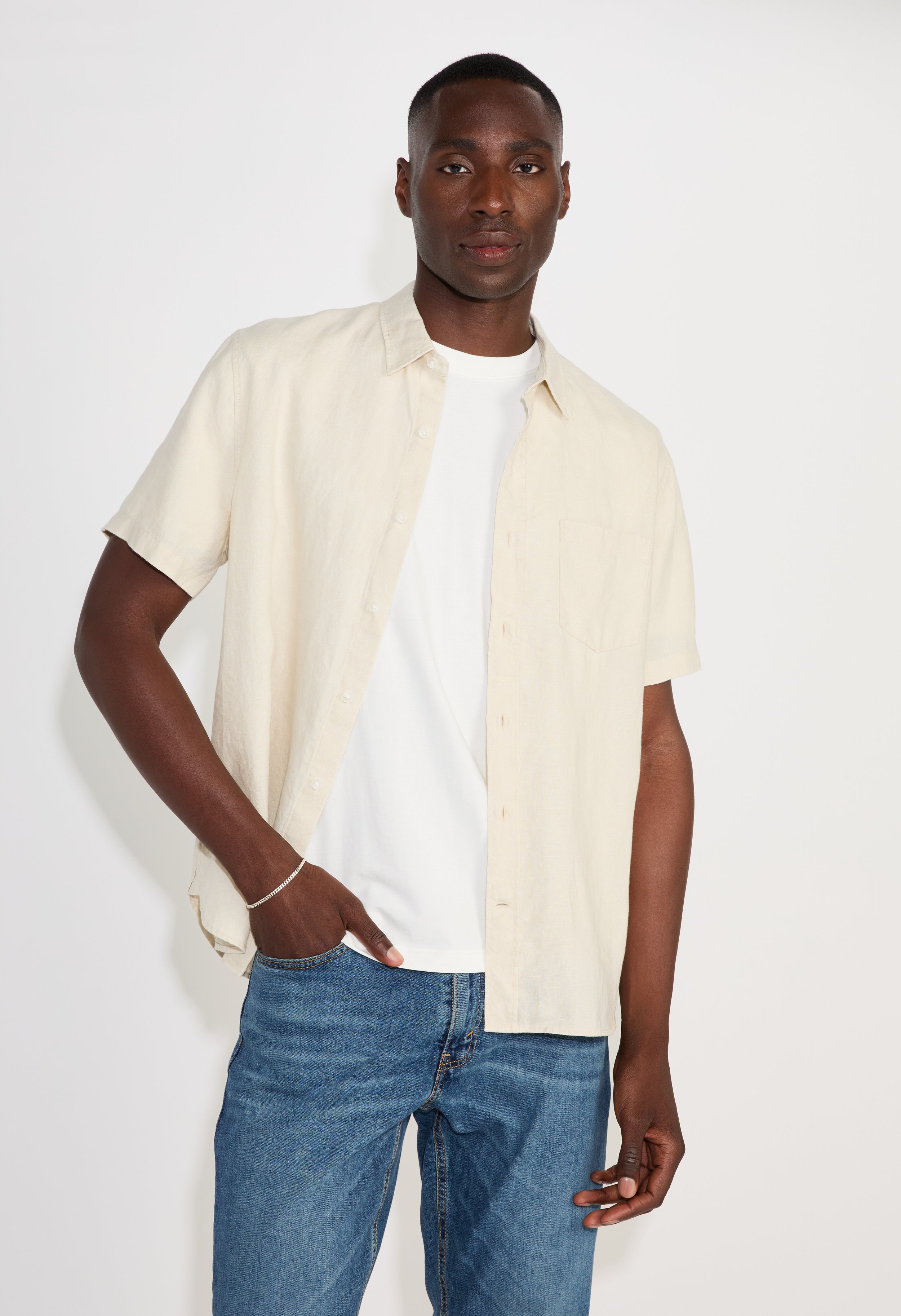 A man standing against a plain white wall, wearing a light-colored short-sleeve button-up shirt over a white t-shirt and jeans.