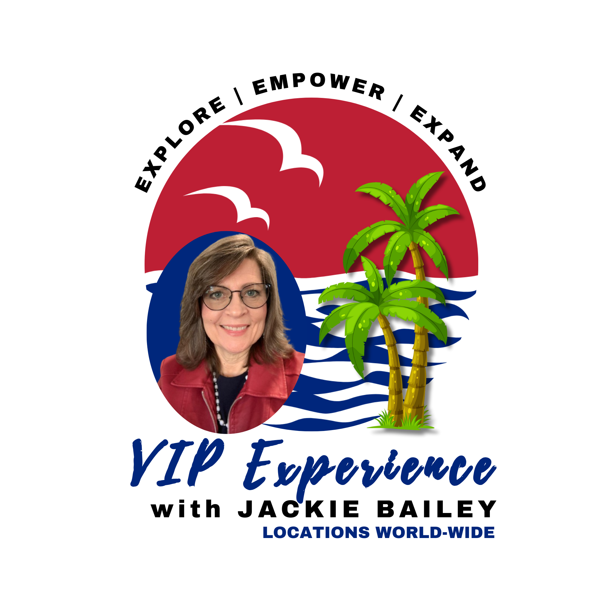 Logo for VIP Experience with Jackie Bailey featuring palm trees and seagulls at the top.