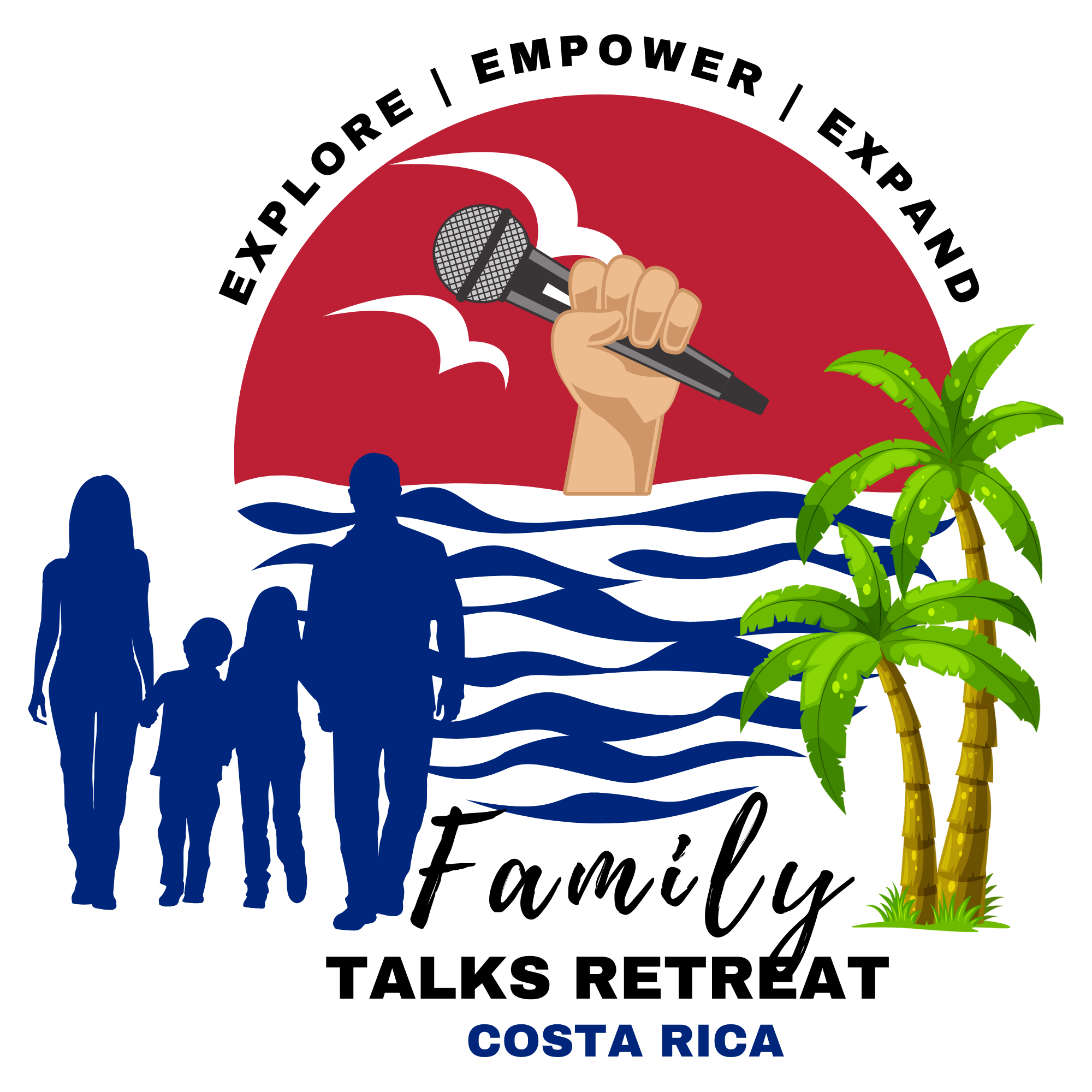 Logo with a hand holding a microphone over stylized waves, surrounded by silhouettes of people, a palm tree, and the words "Explore | Empower | Inspire | Talks Retreat Costa Rica".