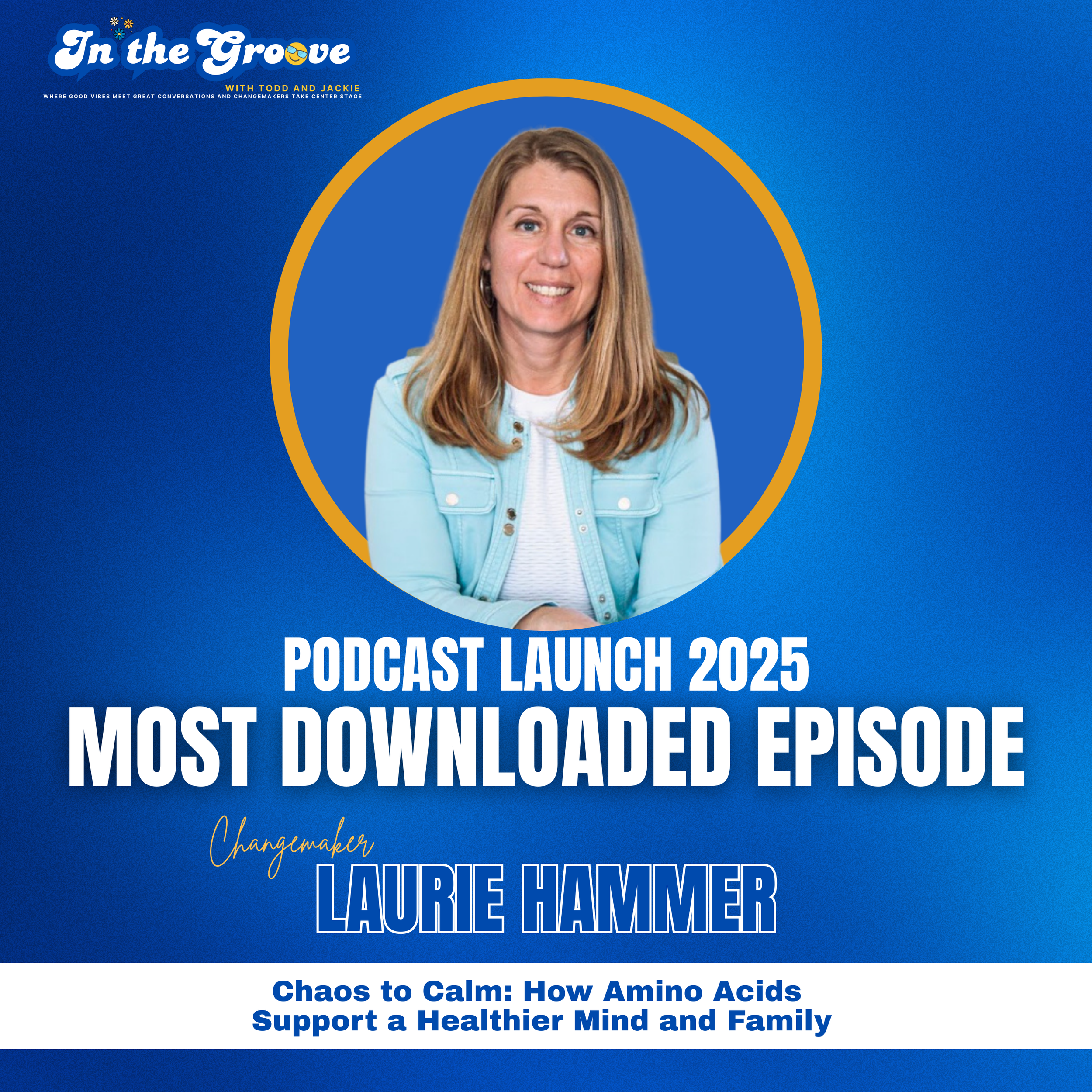 Promotional graphic for a podcast launch event showing a woman with long blonde hair, wearing a light blue denim jacket, smiling, against a blue background with yellow and white text.