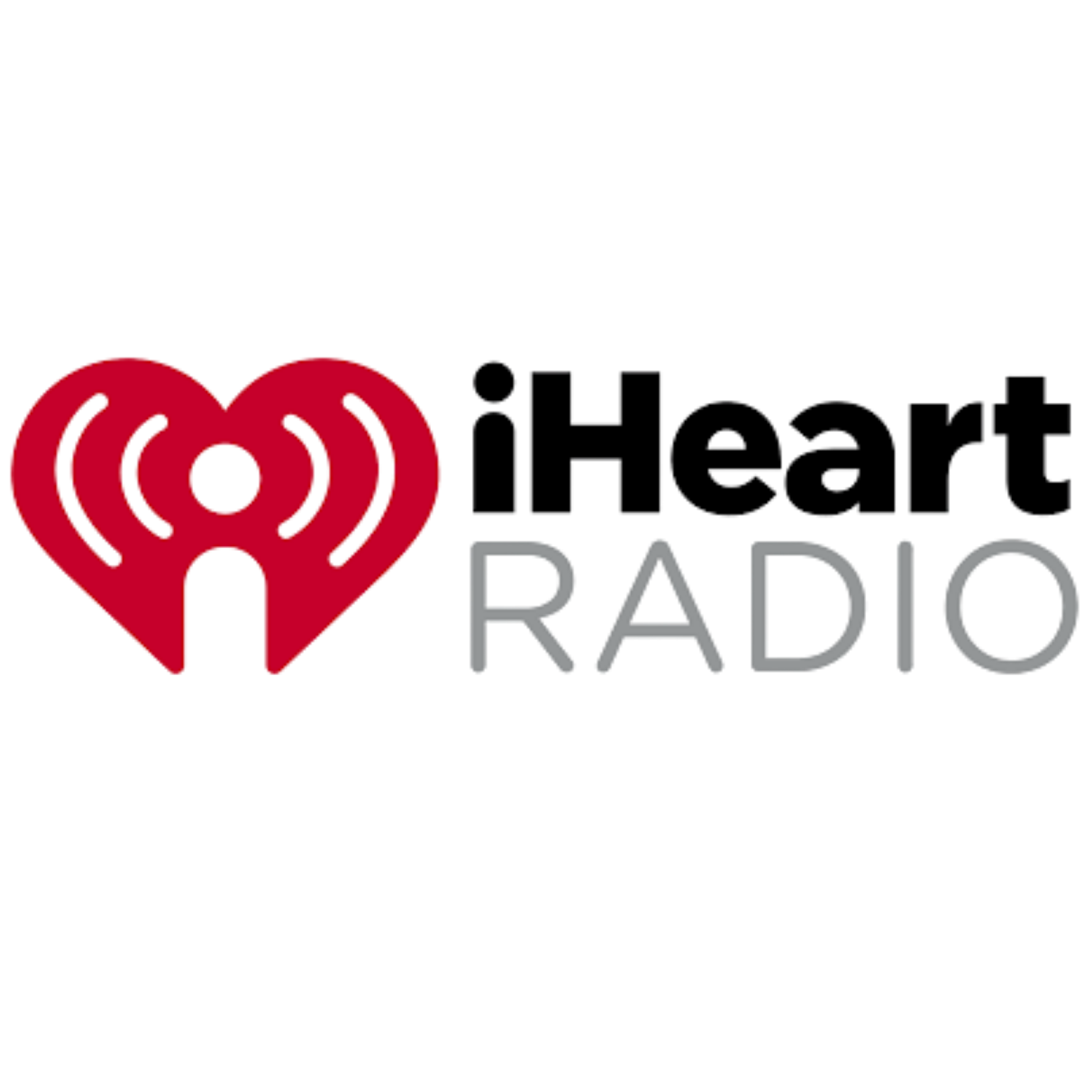 Logo of iHeartRadio featuring a red heart with radio waves and the text 'iHeartRadio' in black and gray.