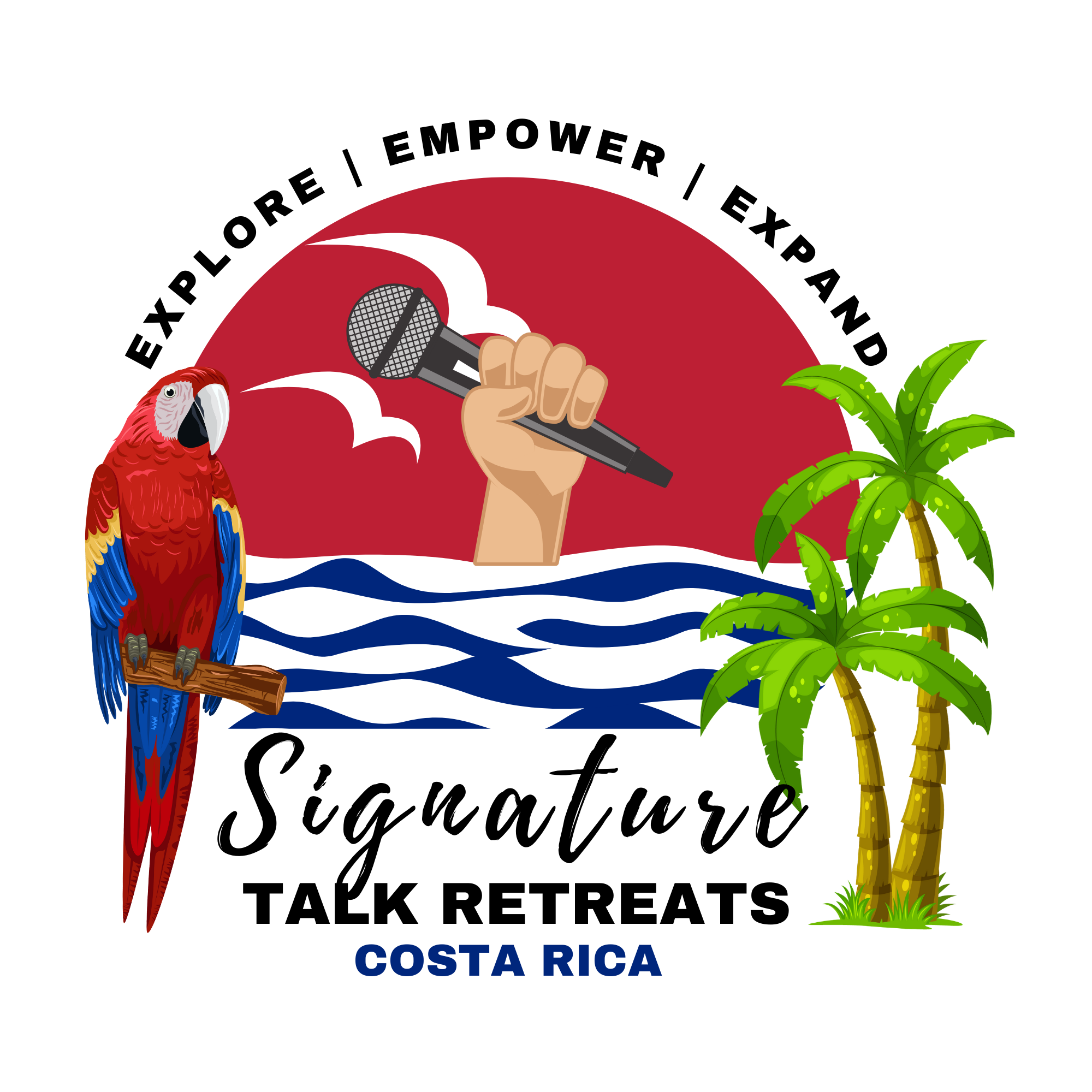 Colorful logo featuring a red parrot, a palm tree, and a hand holding a microphone, with the words 'Explore | Empower | Inspire | Escape | Talk Retreats Costa Rica' written around the design.