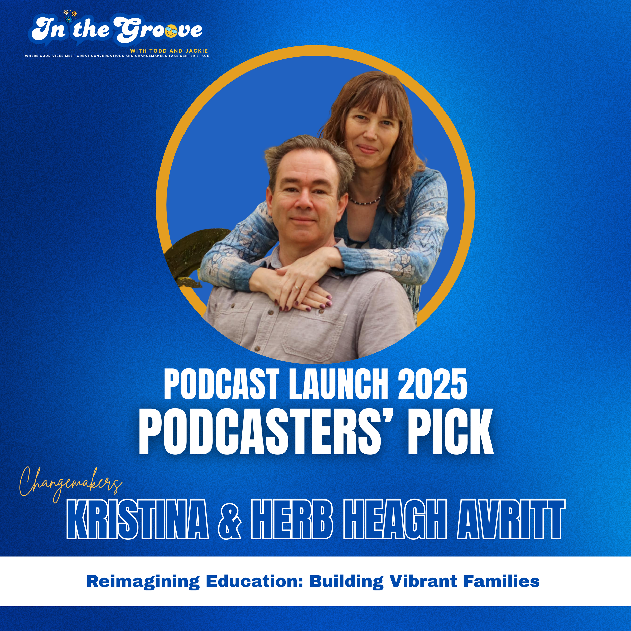 A promotional graphic for a podcast launch event in 2025 features photos of Kristina and Herb Heagh. The background is blue with yellow accents, and text indicates a focus on reimagining education and building vibrant families.