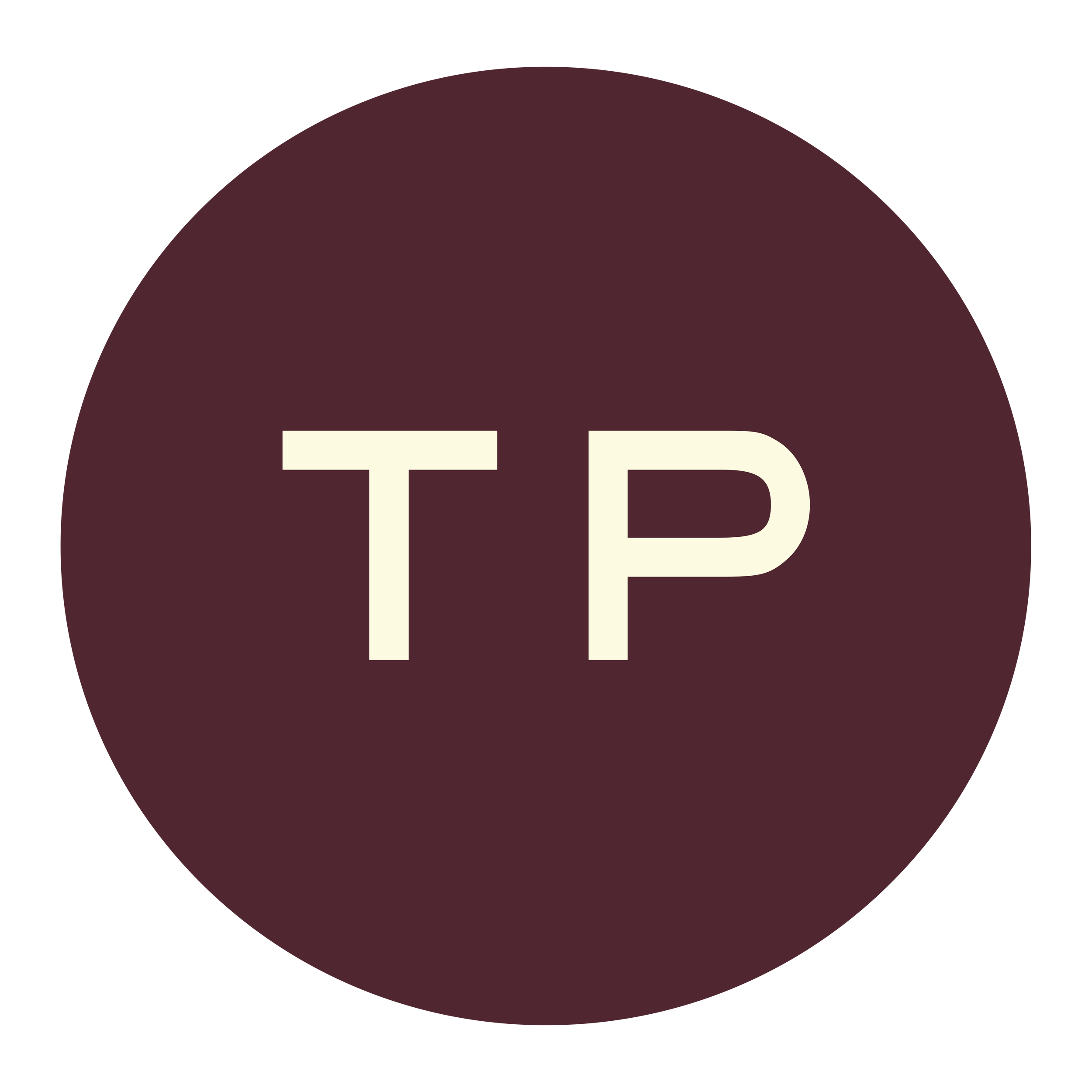 Close-up of a round maroon logo with white text, partially visible. The logo features the letters "T" and "D".