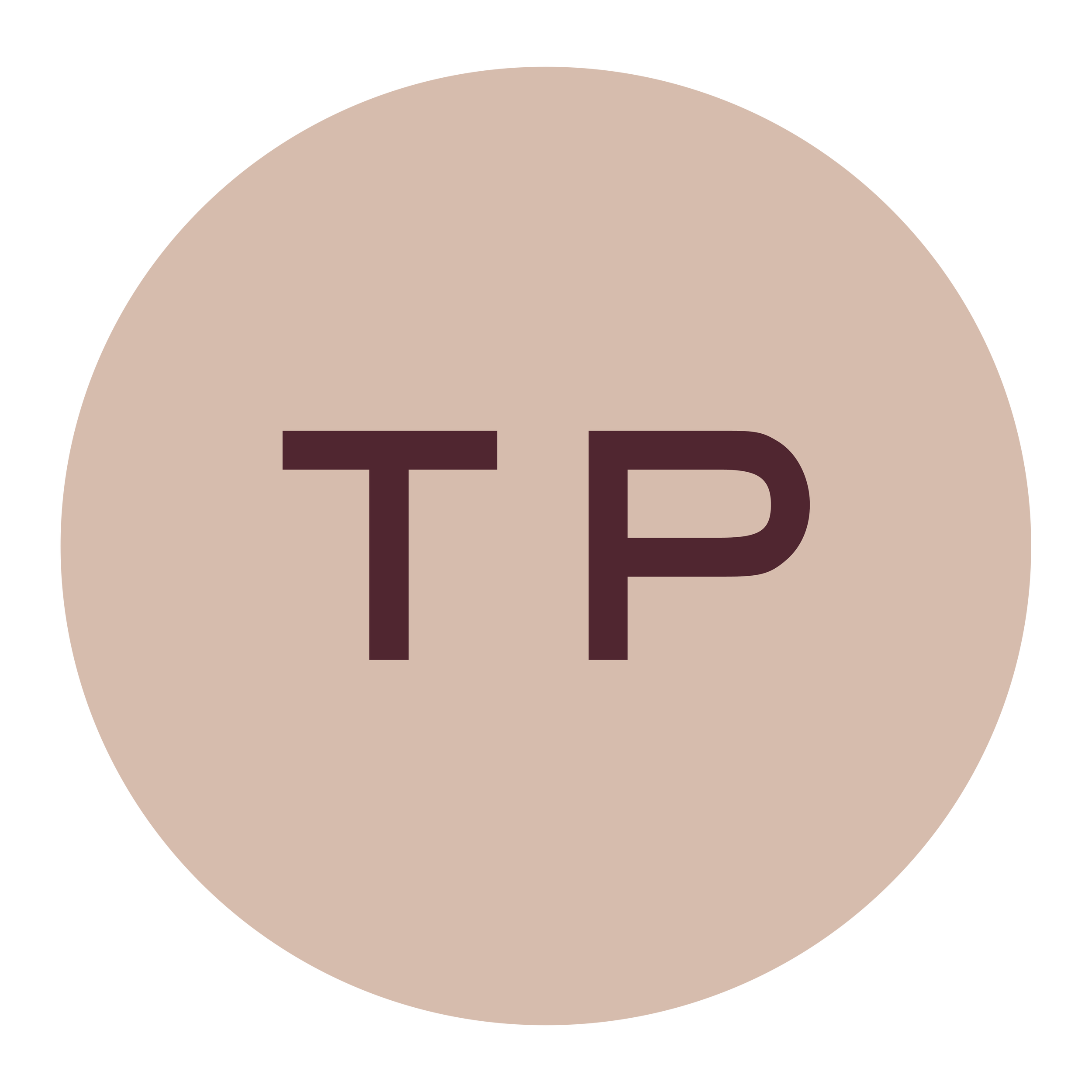 Close-up of a beige circular object with dark brown text that reads 'TP' on it.
