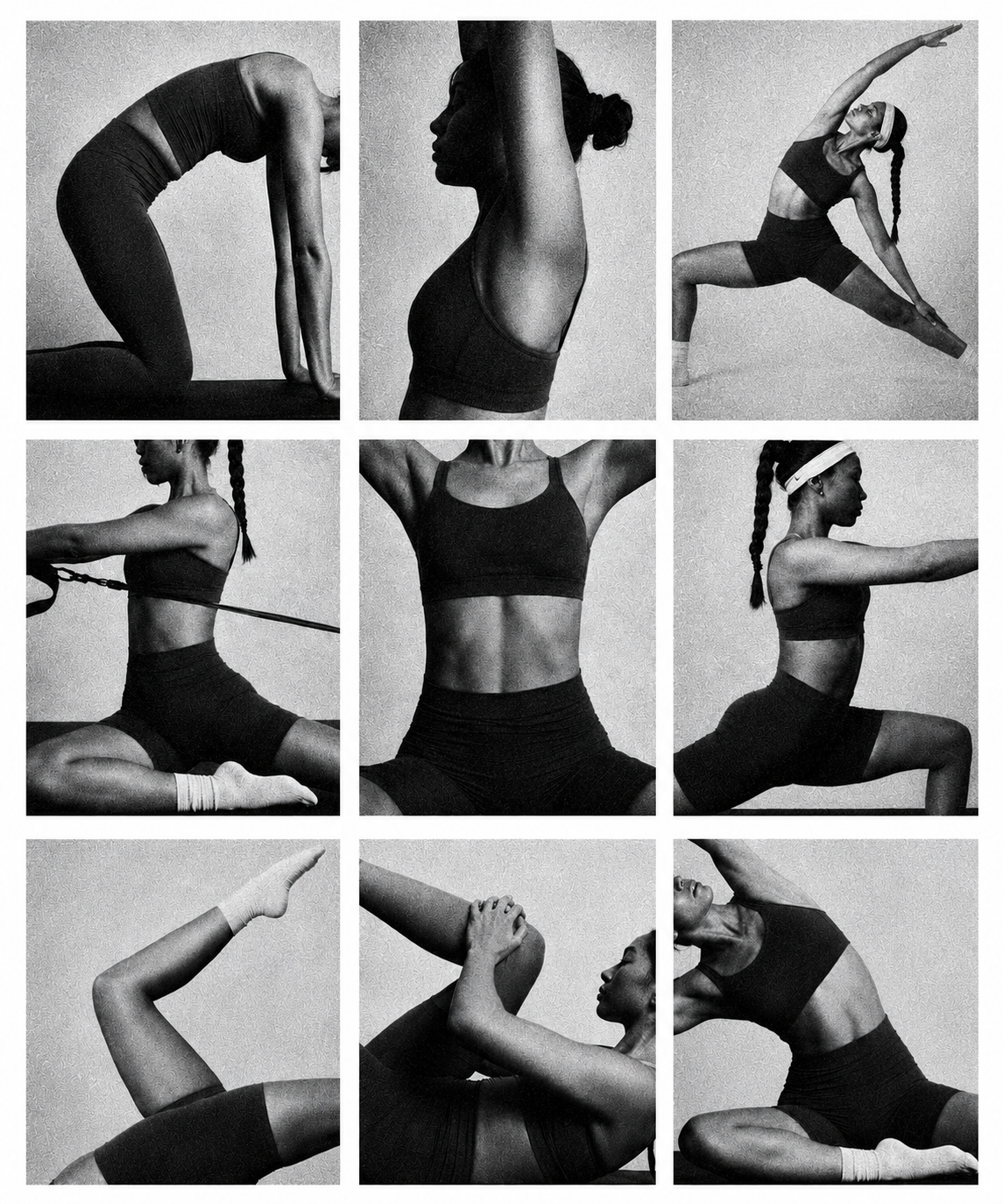 Collage of nine black and white photos of women performing various yoga poses and stretches.